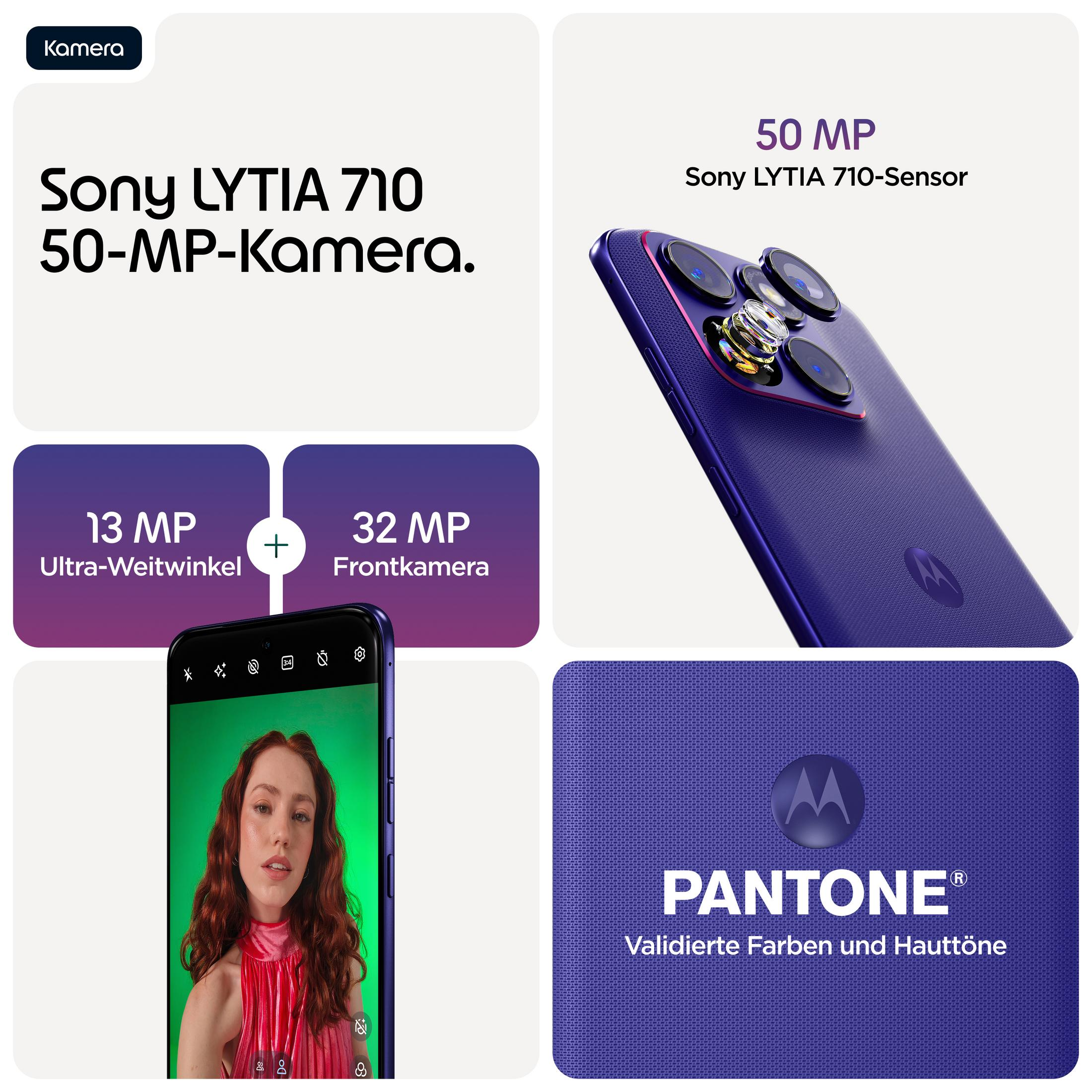 Imagen de un Motorola con sensor Sony LYTIA 710, 50 MP, ultra gran angular y cámara frontal. Colores Pantone.
