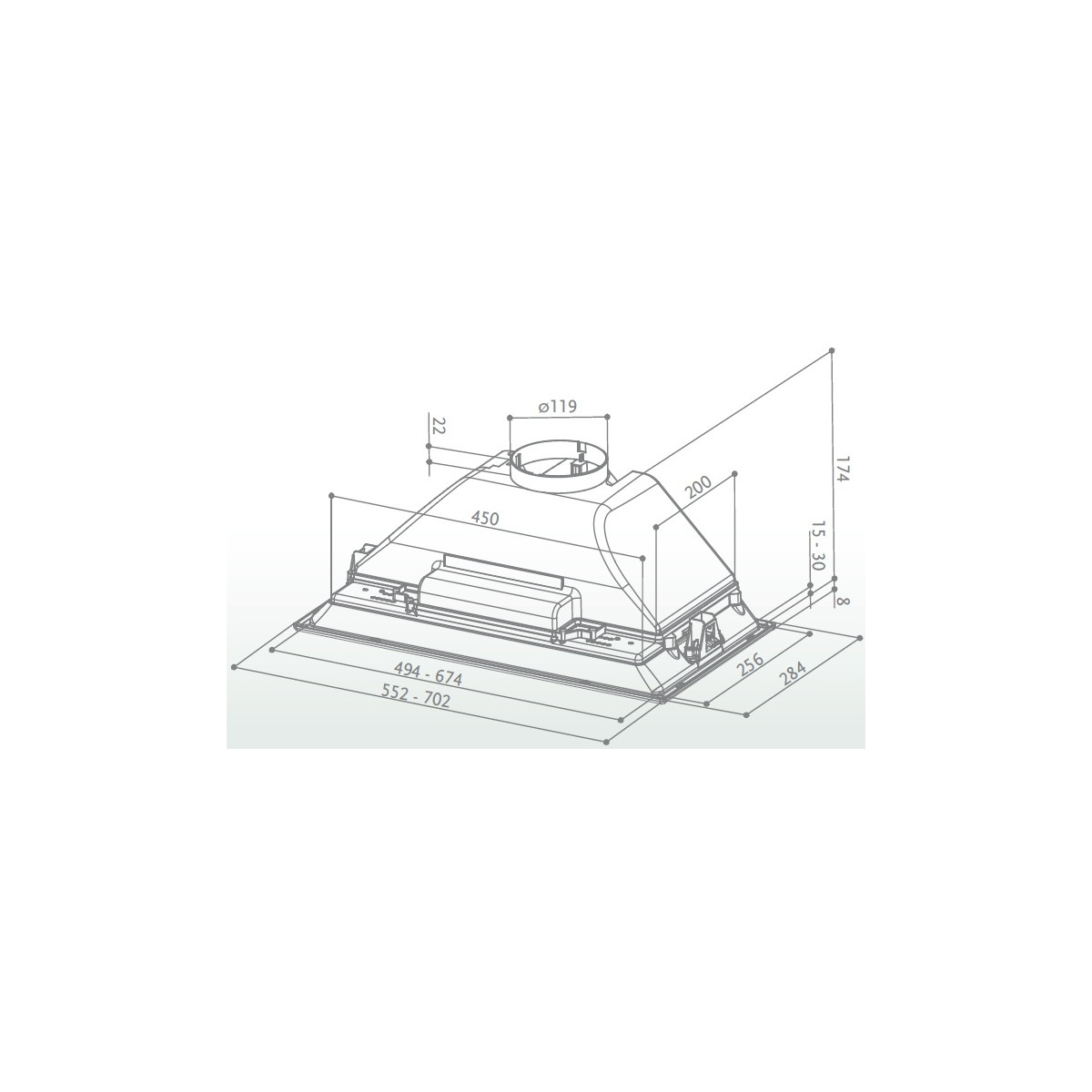 Disegno tecnico di una cappa aspirante con dimensioni.