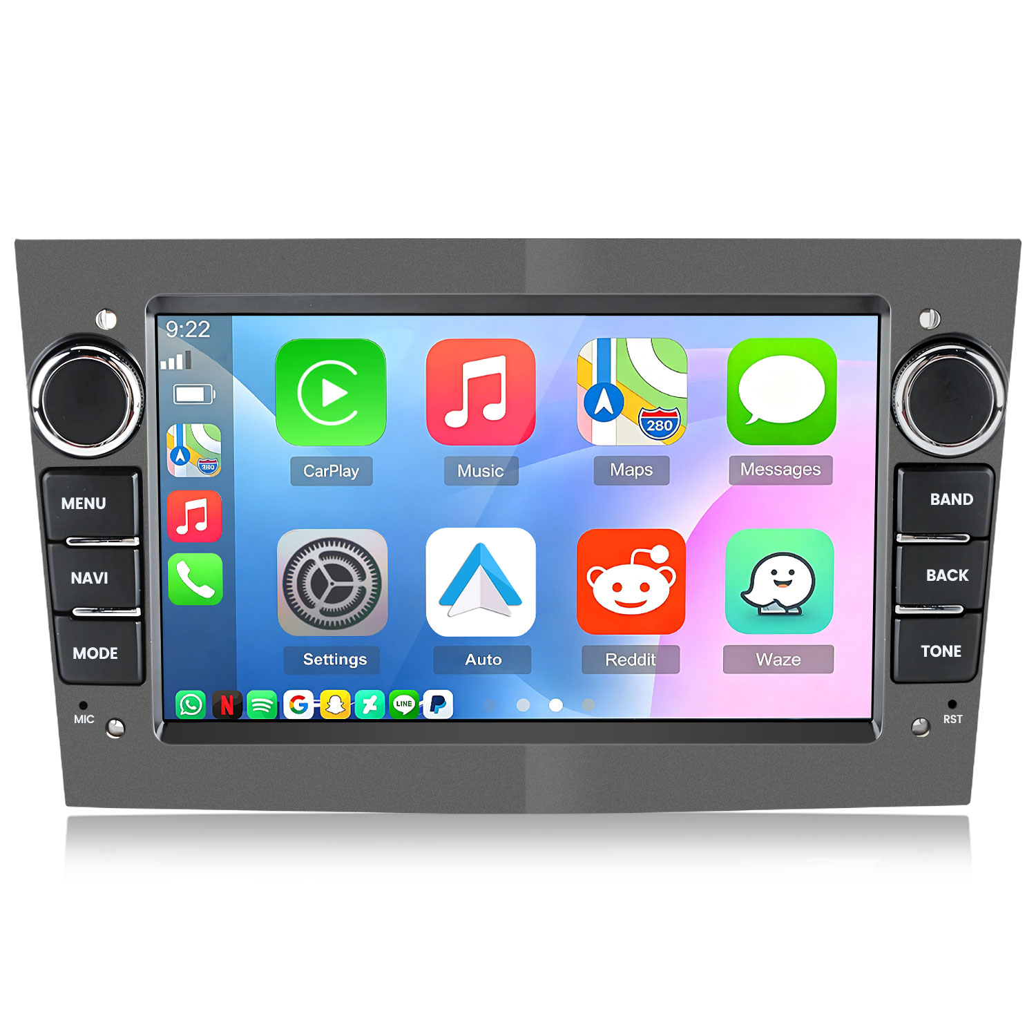 Ein Autoradio-Bildschirm mit vielen App-Symbolen wie CarPlay, Musik, Karten und Nachrichten.