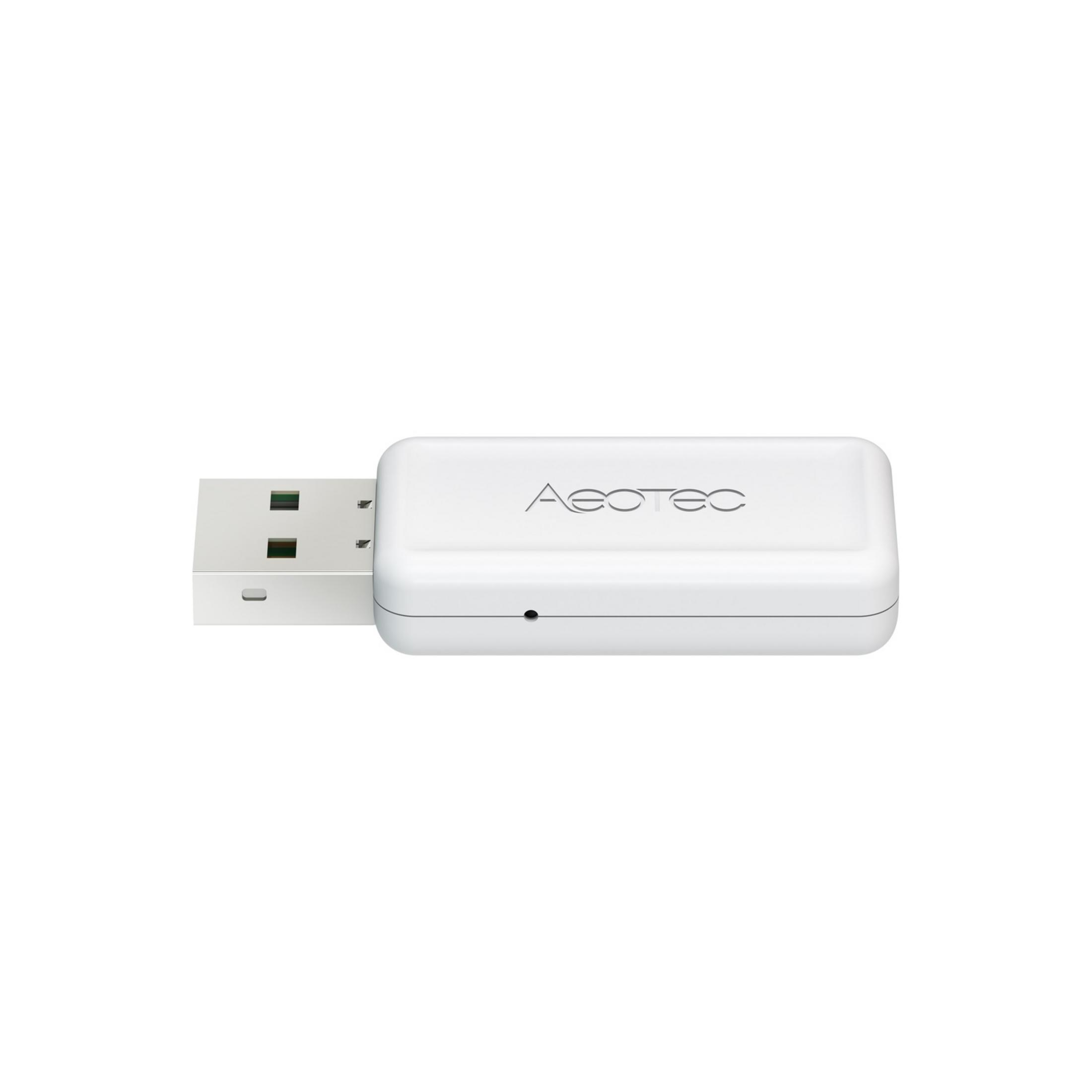 Ein weißer USB-Stick mit dem Aeotec-Logo.