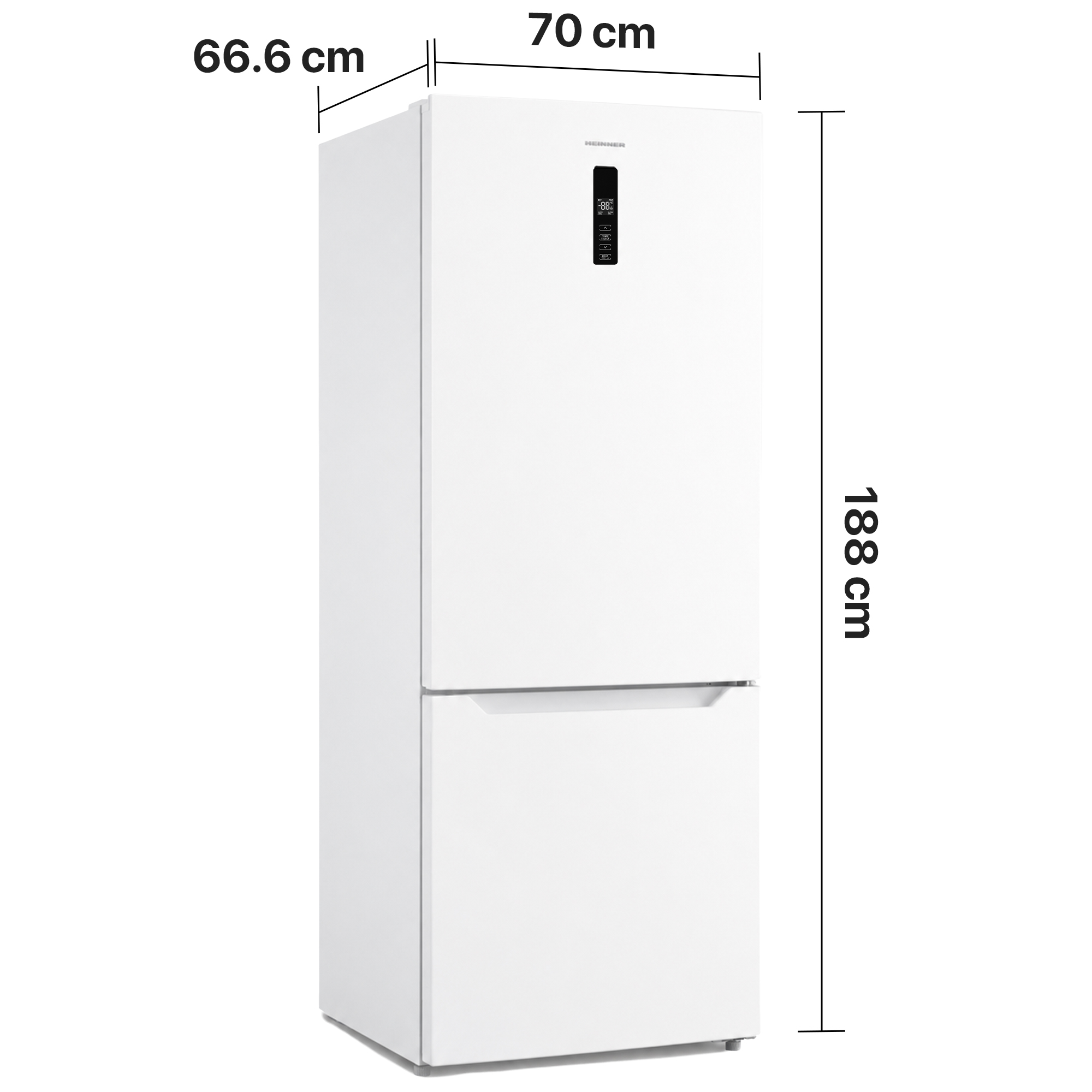 Ein weißer Kühlschrank mit Gefrierfach, 188 cm hoch, 70 cm breit.