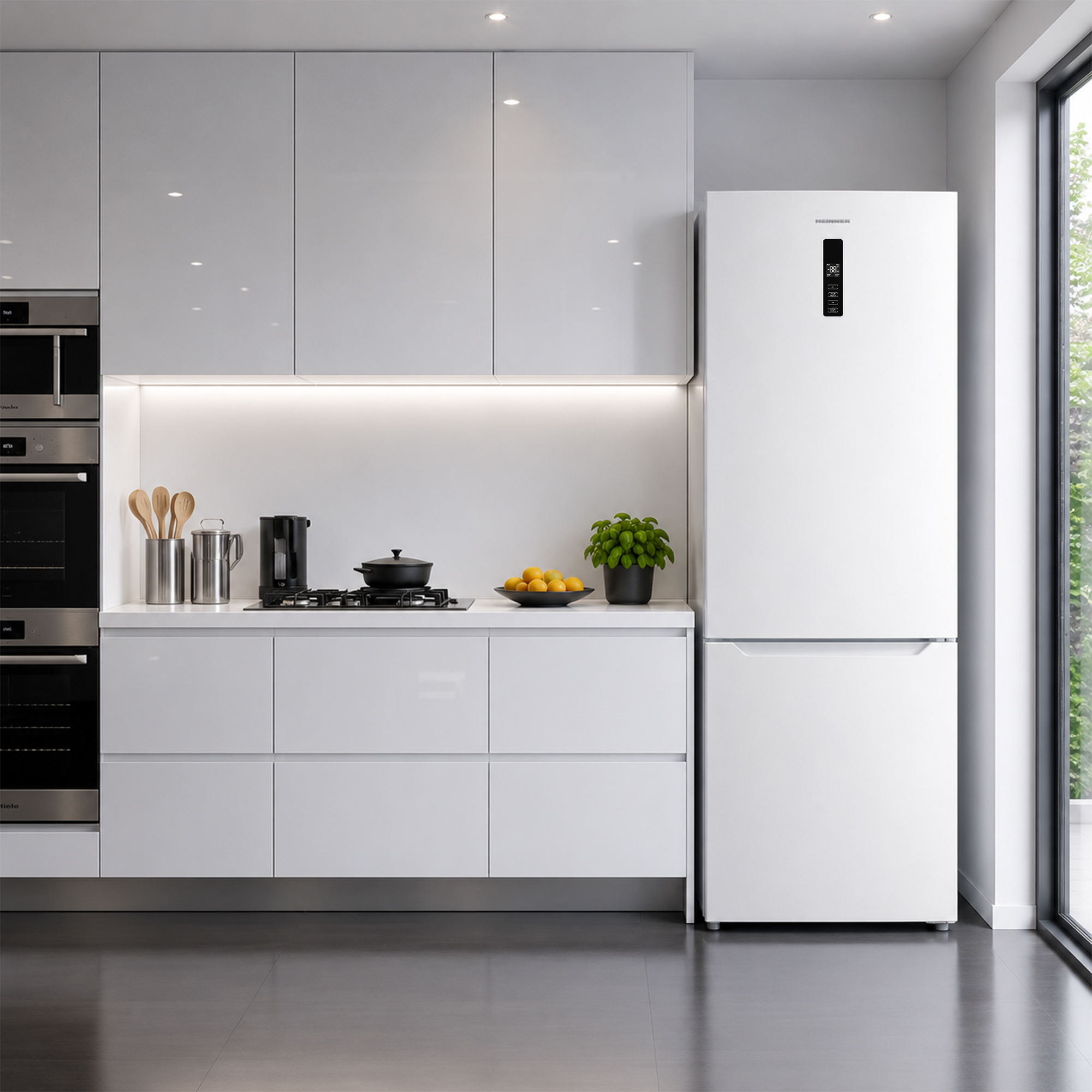 Moderne weiße Küche mit Kühlschrank, Öfen, Kochfeld, Töpfen, Schüssel mit Orangen und Pflanze.