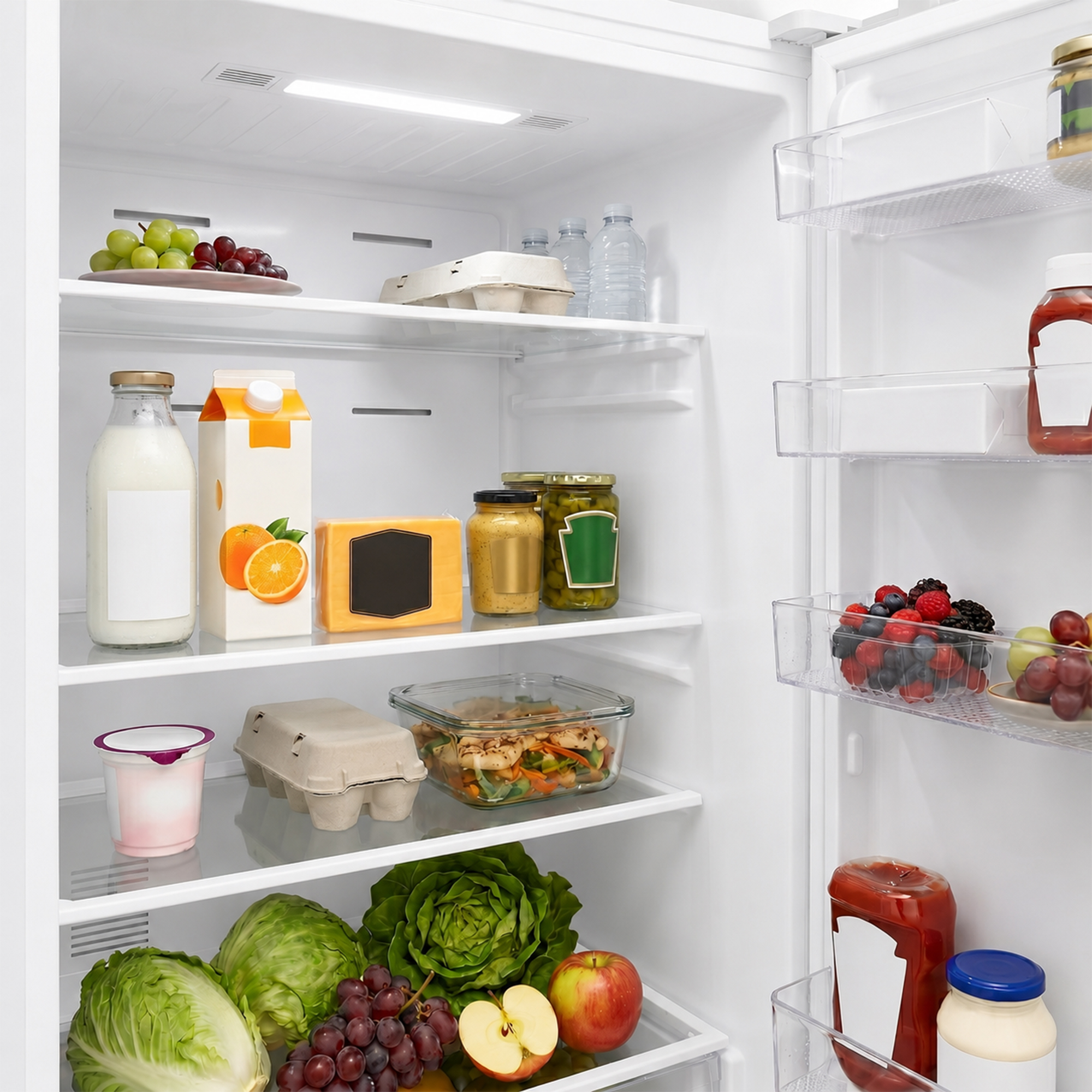 Offener Kühlschrank mit Obst, Gemüse, Milch, Eiern und Soßen.