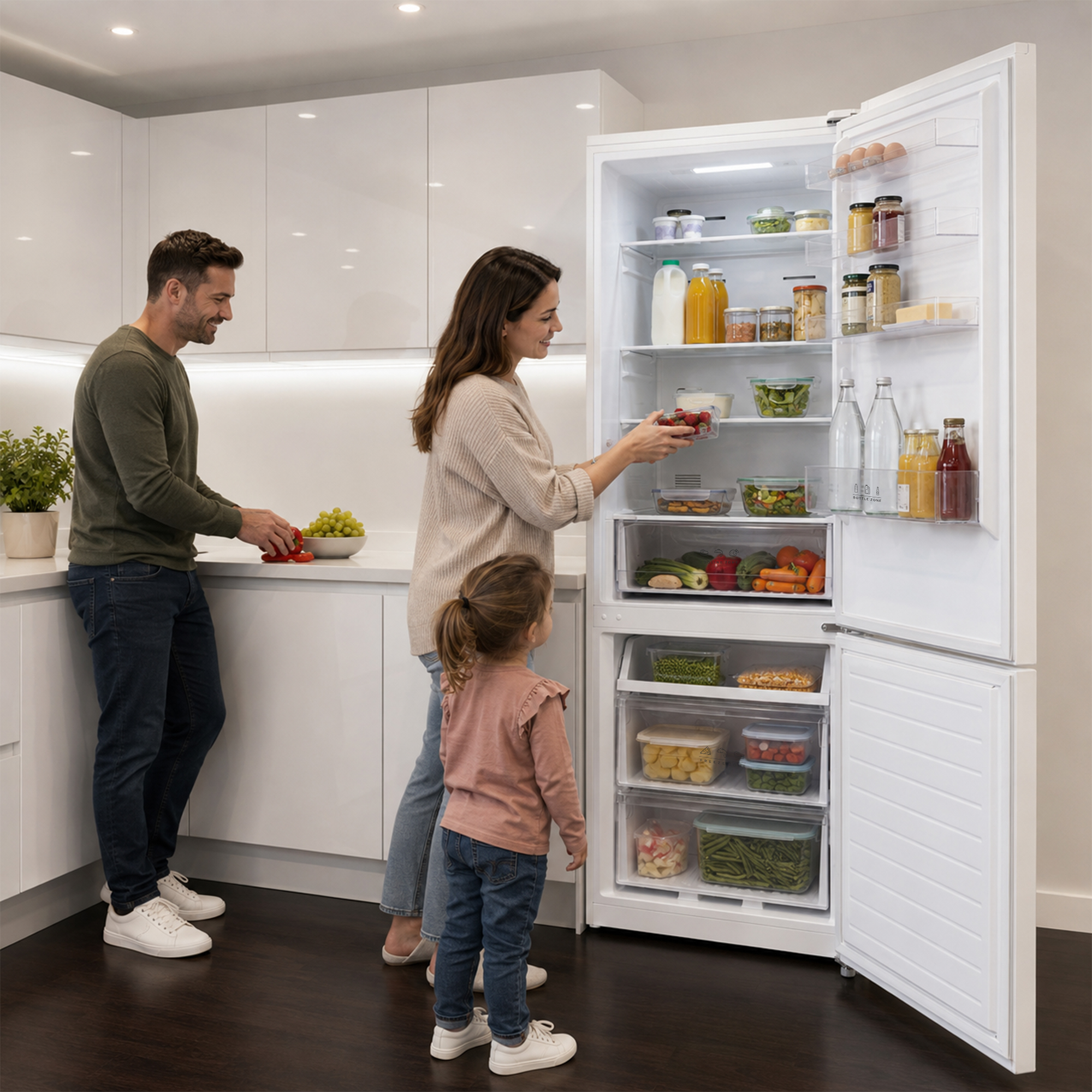 Eine Familie füllt einen offenen Kühlschrank mit Lebensmitteln.