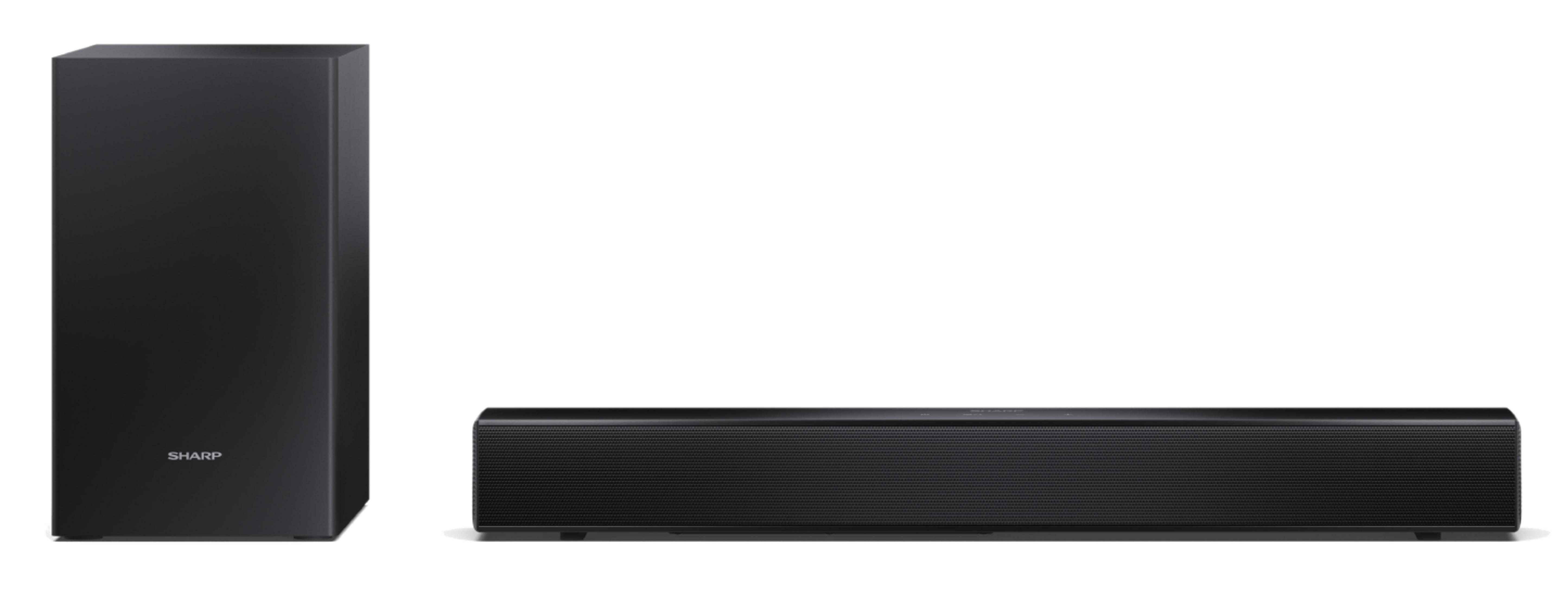 Schwarzer Subwoofer und Soundbar von Sharp auf weißem Hintergrund.