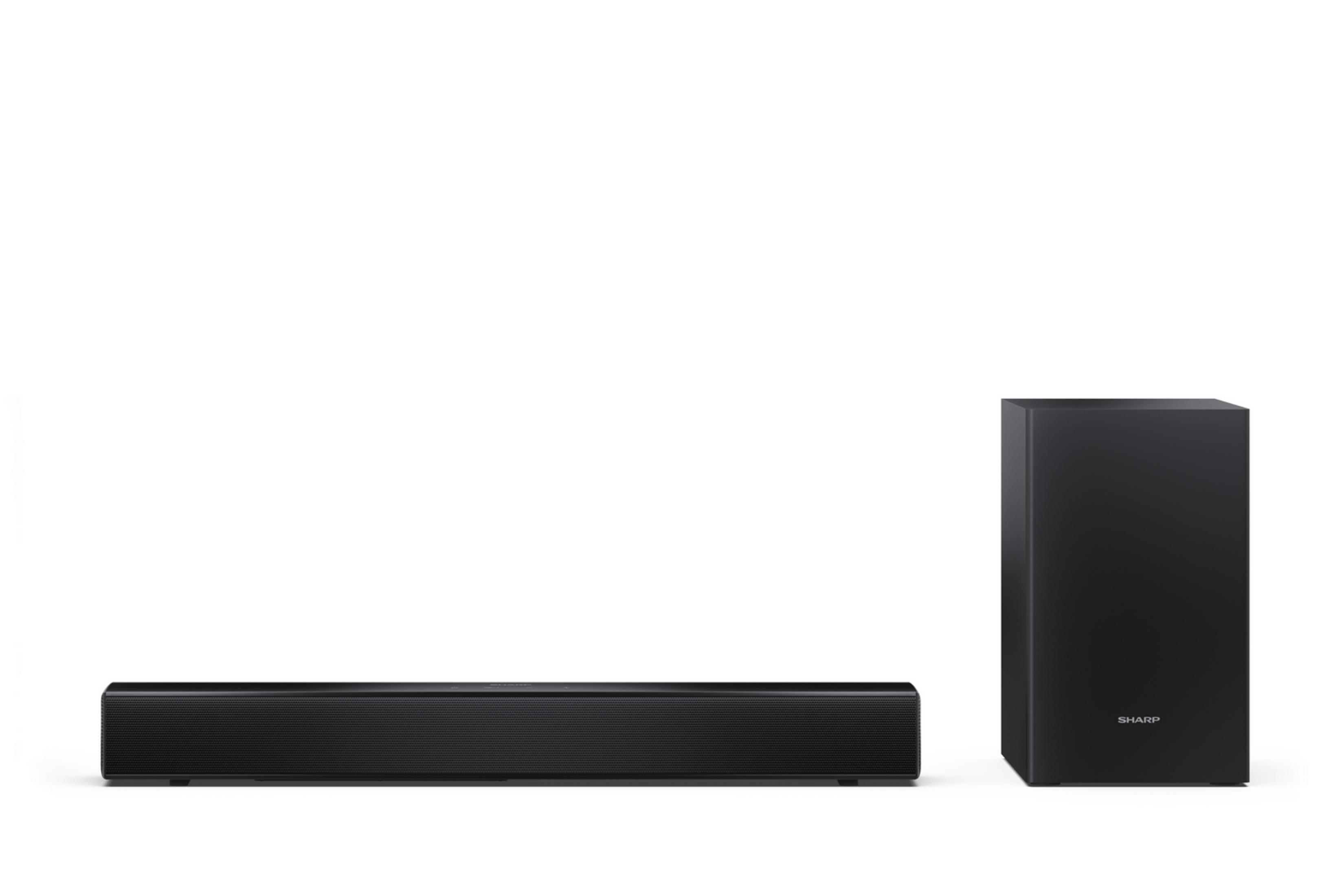 Schwarze Soundbar und Subwoofer von Sharp auf weißem Hintergrund.