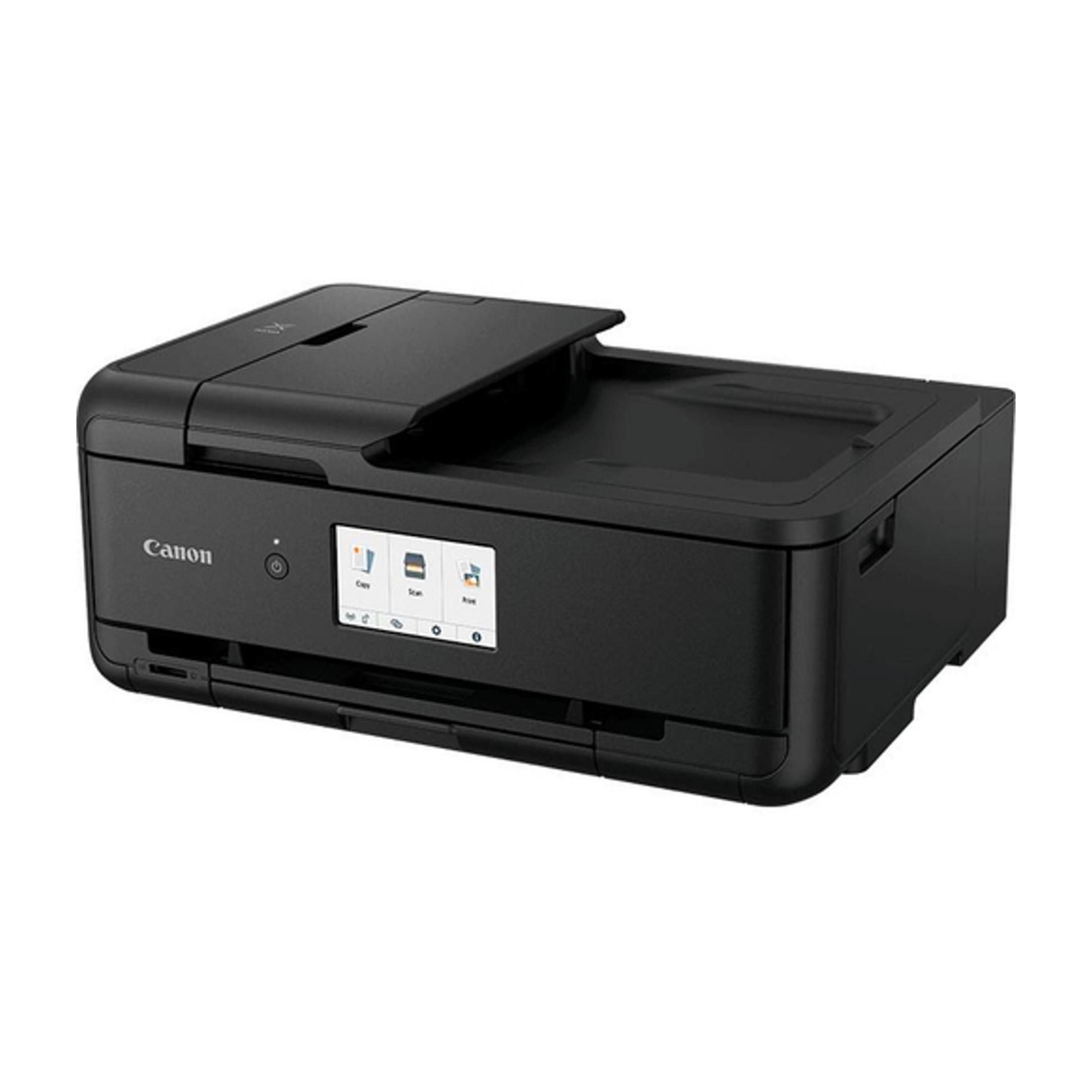 Stampante Canon nera con touchscreen e coperchio scanner aperto.