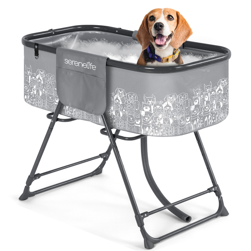 Ein glücklicher Beagle sitzt in einer grauen tragbaren Haustierbadewanne mit weißem Hundemuster.