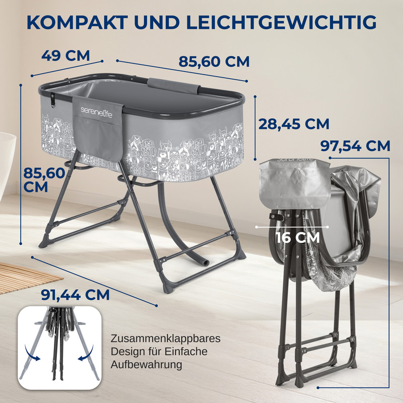 Graue Babybadewanne mit Füßen, mit Maßen und faltbarem Design.
