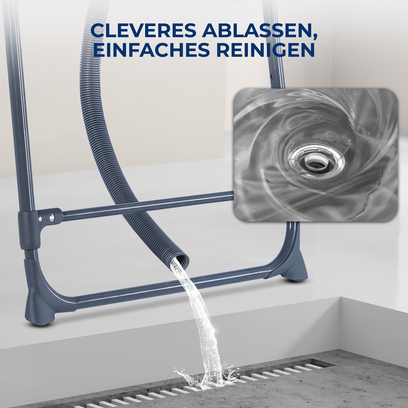 Ein Schlauch entwässert Wasser in einen Abfluss, mit Detailansicht eines Strudels.