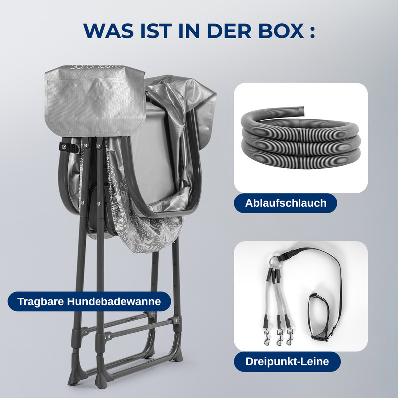 Tragbare Hundebadewanne mit Ablaufschlauch und Dreipunkt-Leine.