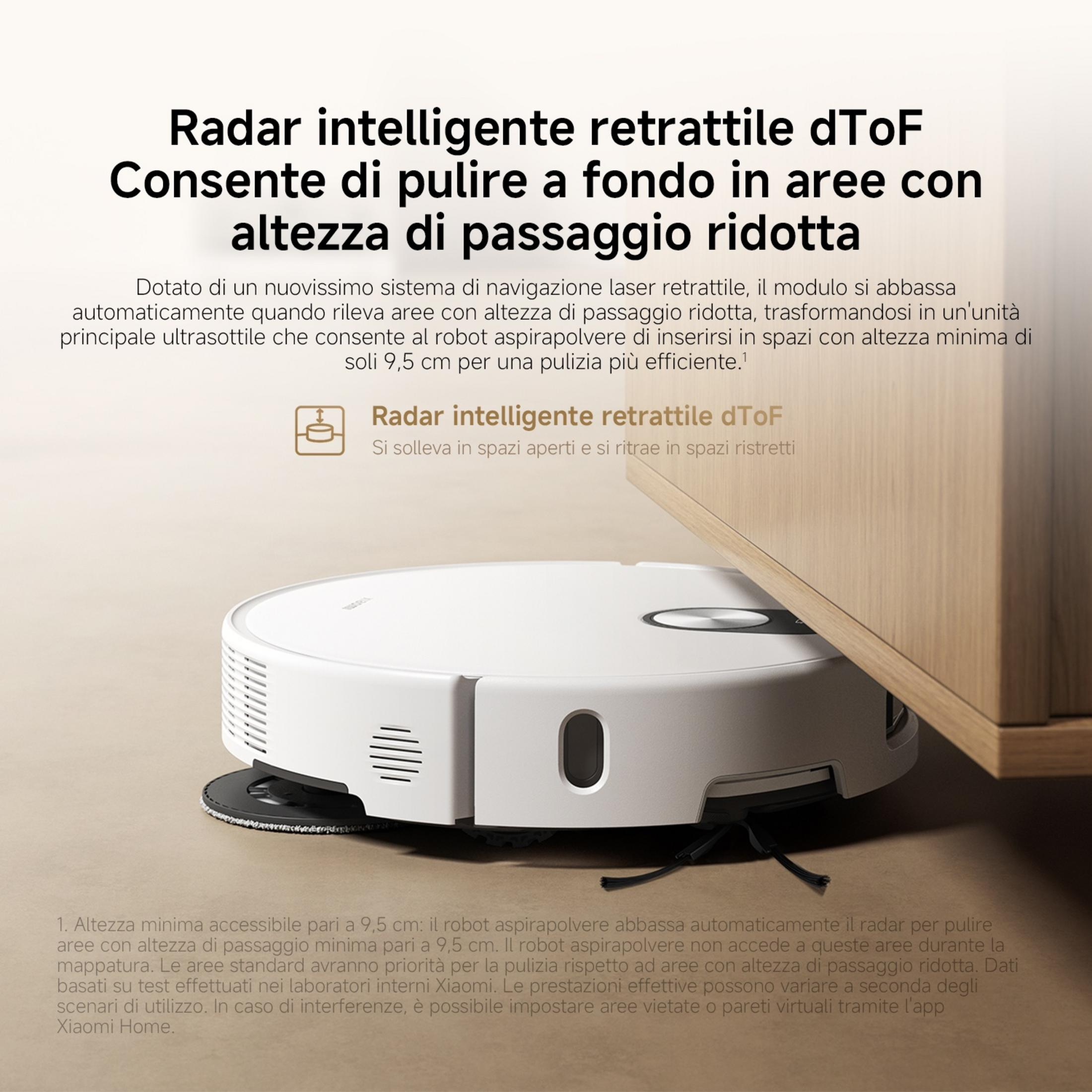 A white robot vacuum with dToF laser navigates under a wooden furniture piece.
