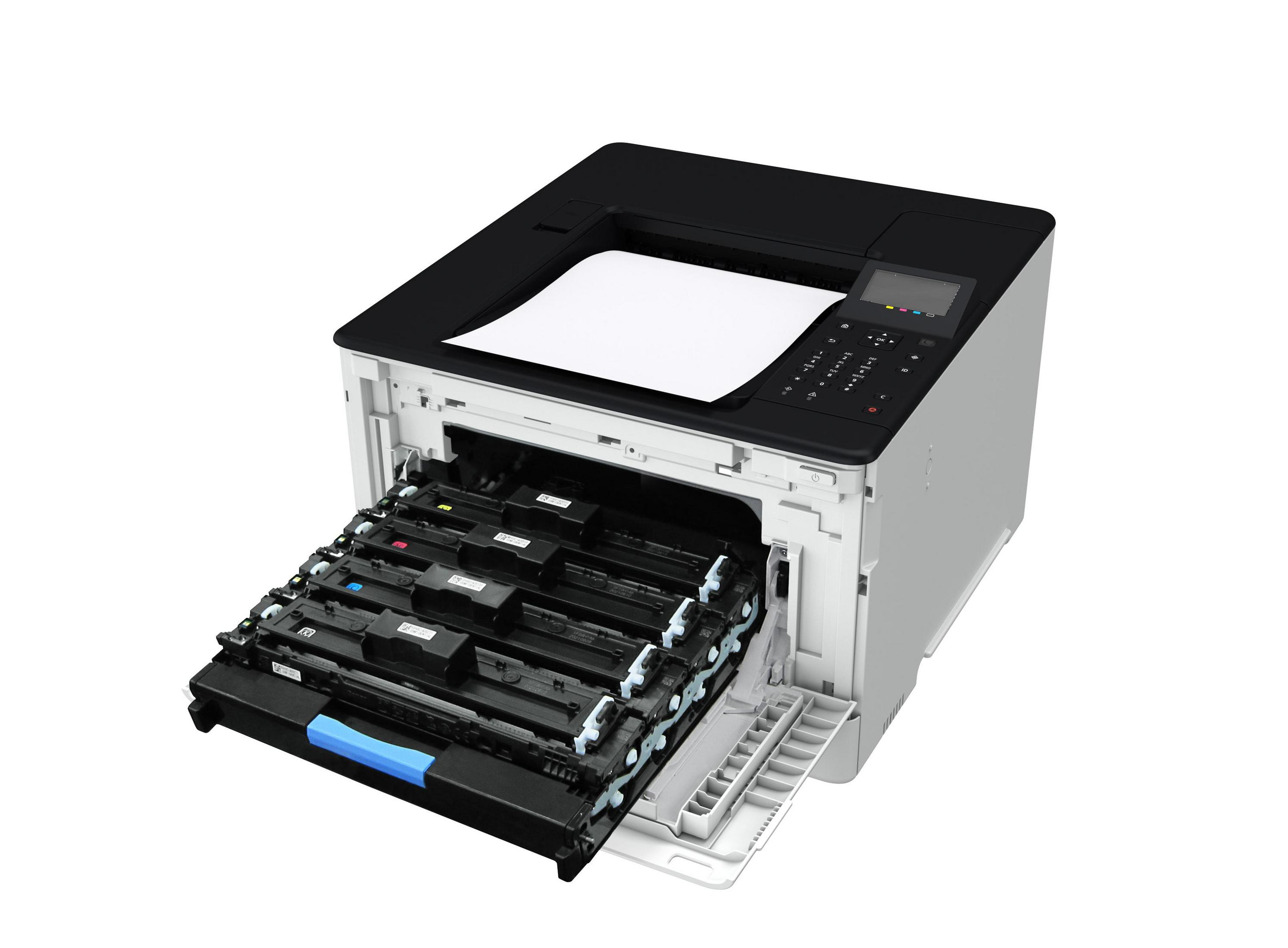Ein Laserdrucker mit ausgefahrener Schublade, die mehrere Farbtonerkartuschen enthält.