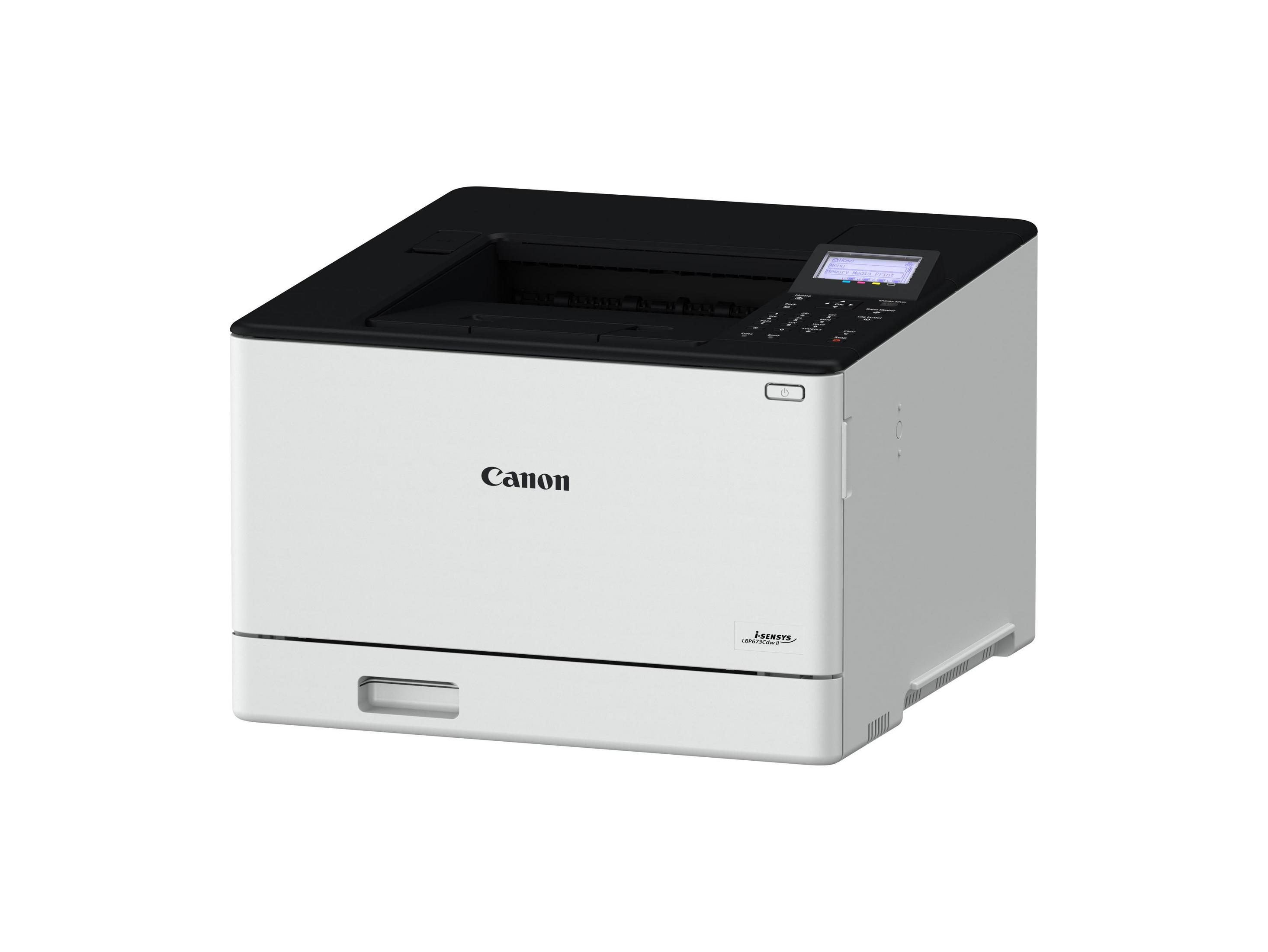 Ein weißer Canon Laserdrucker mit schwarzer Oberseite und Bedienfeld.