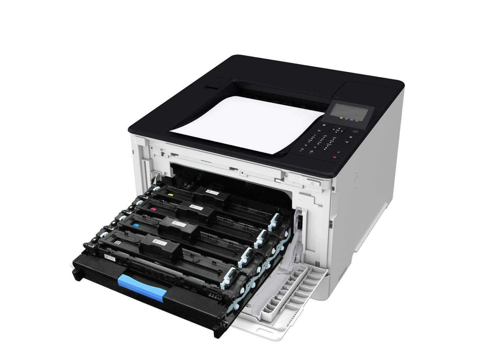 Ein Laserdrucker mit ausgefahrener Kartuschenschublade, die mehrere Tonerkartuschen enthält.