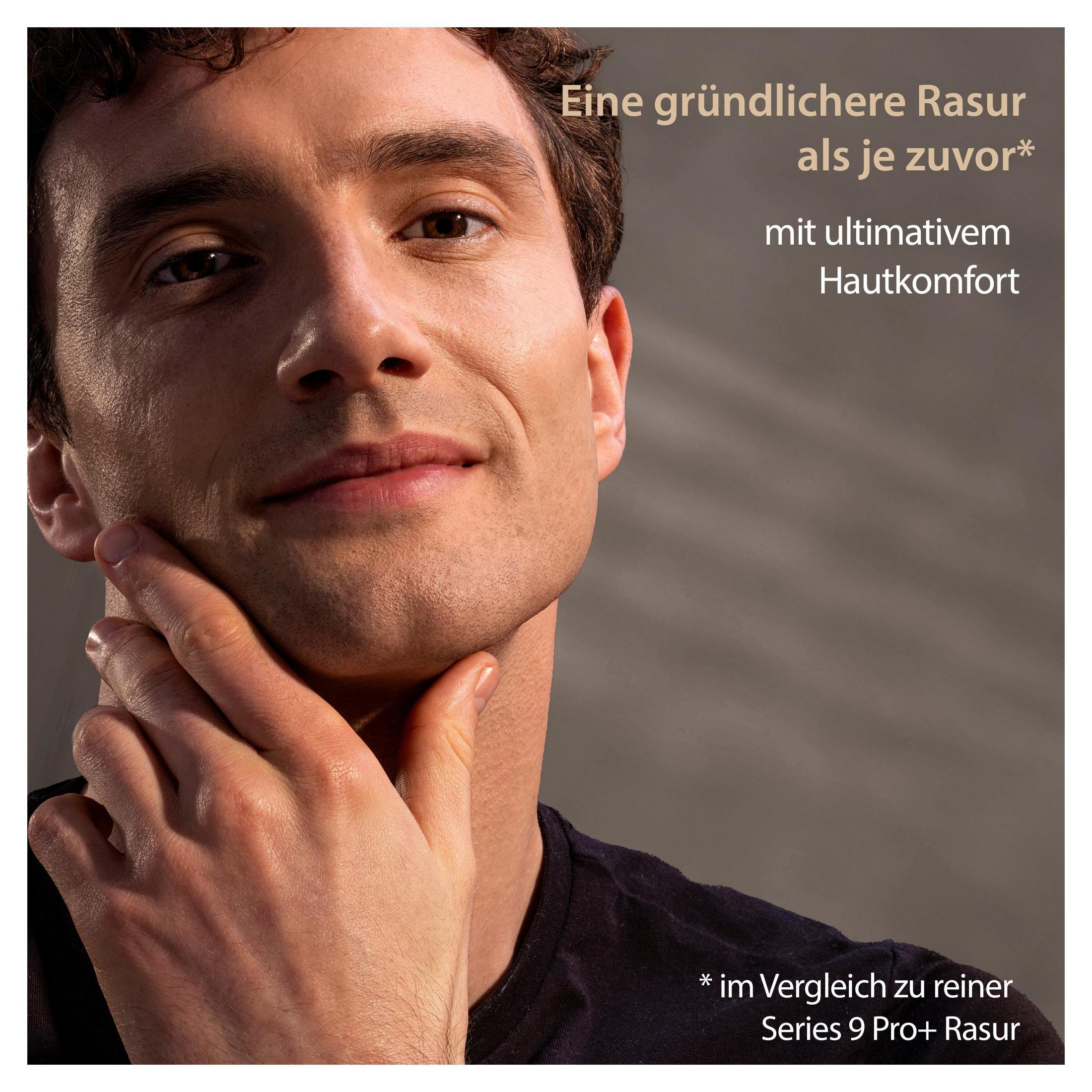 Ein Mann mit seinem Kinn, das von seiner Hand gestreichelt wird. Text über Rasur.