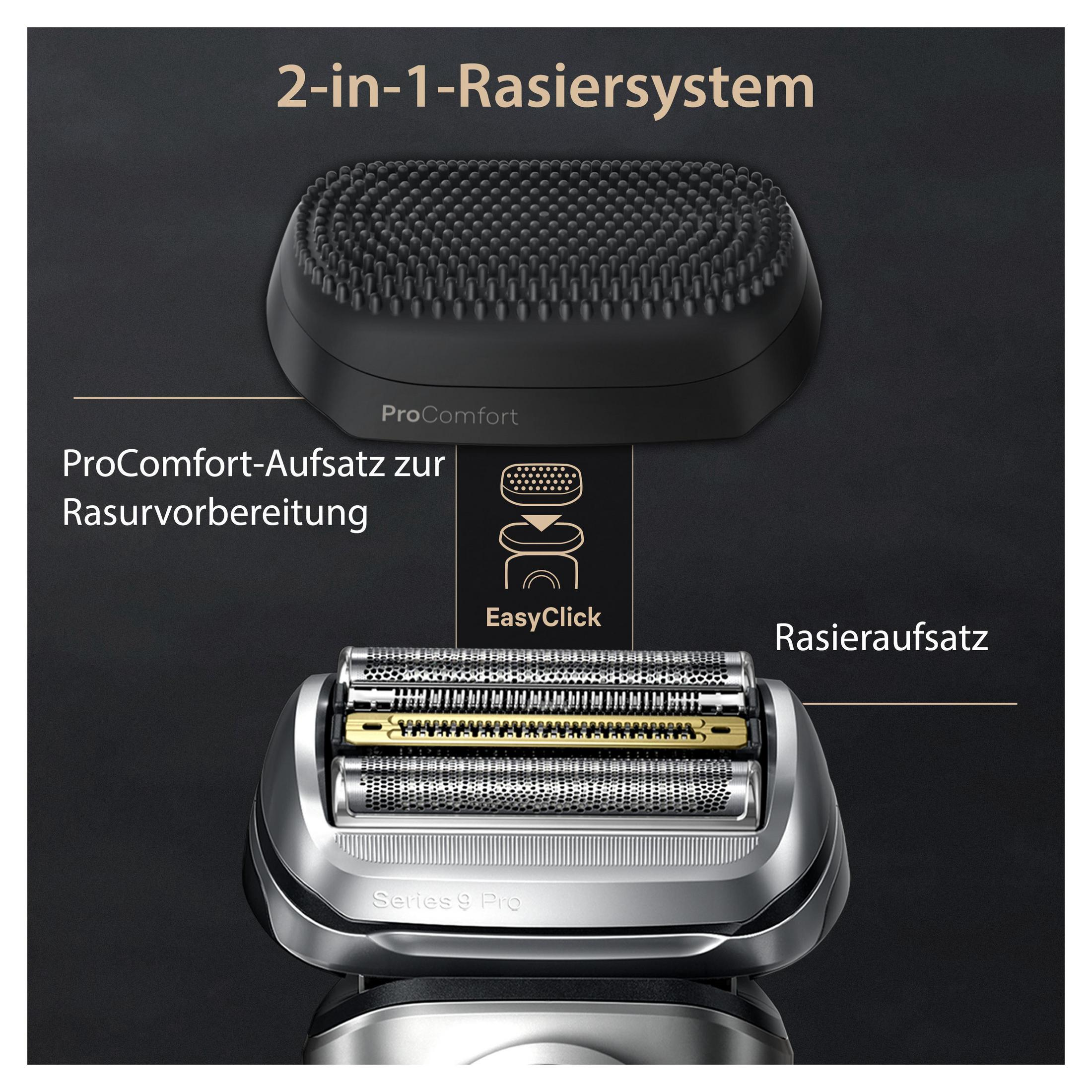 Ein 2-in-1 Rasiersystem mit ProComfort Aufsatz und Rasieraufsatz.