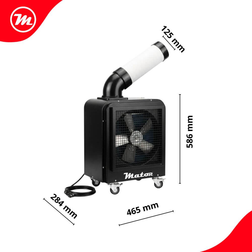 Un ventilador negro con un tubo blanco desmontable y dimensiones.
