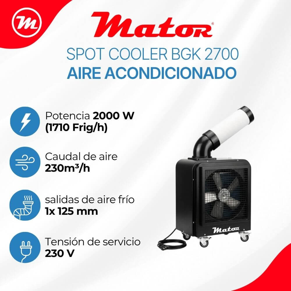 Enfriador Mator negro con especificaciones: 2000W, 230m³/h aire, 1x125mm salida, 230V.