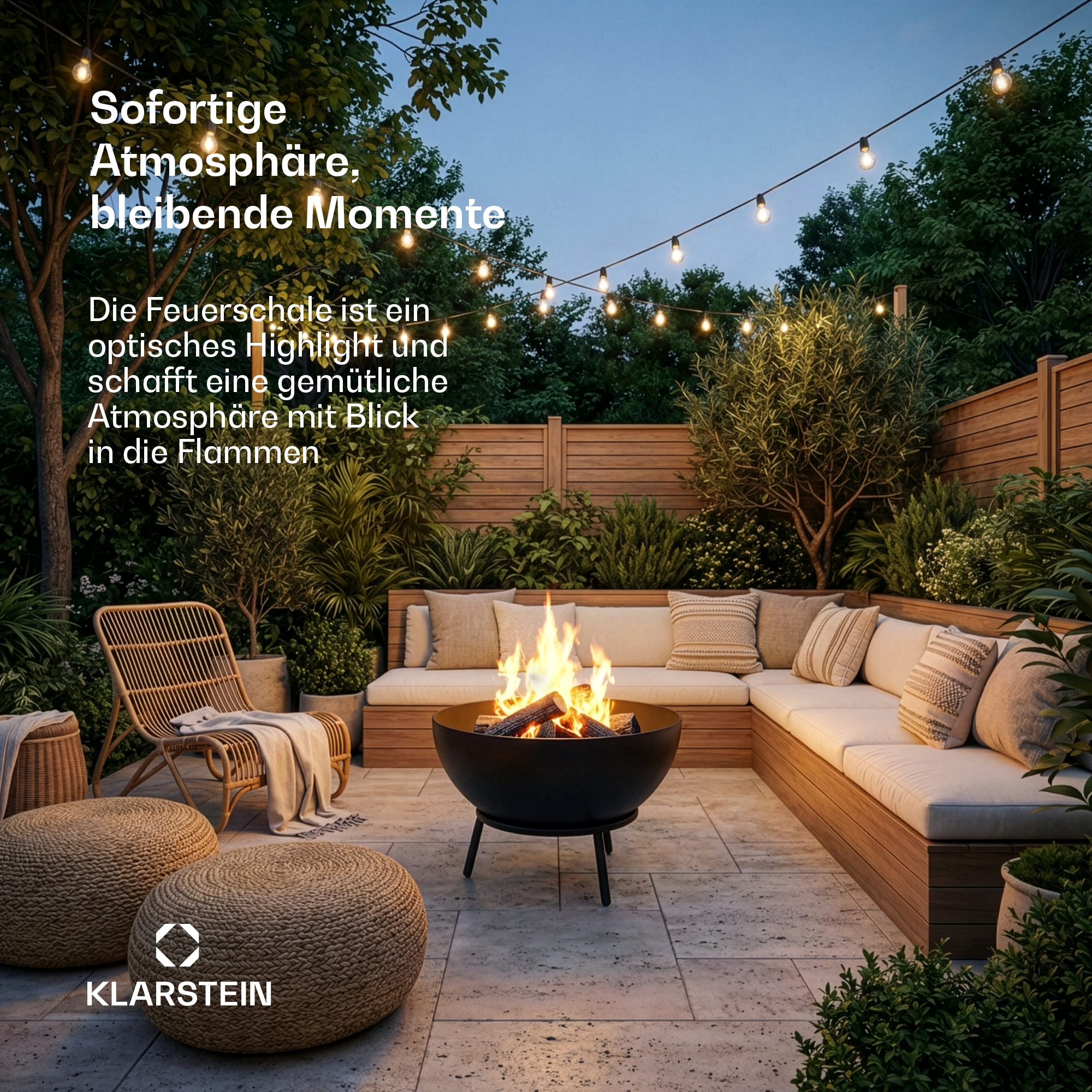 Terrasse im Garten mit brennender Feuerschale, Sitzgelegenheiten und Lichterkette.