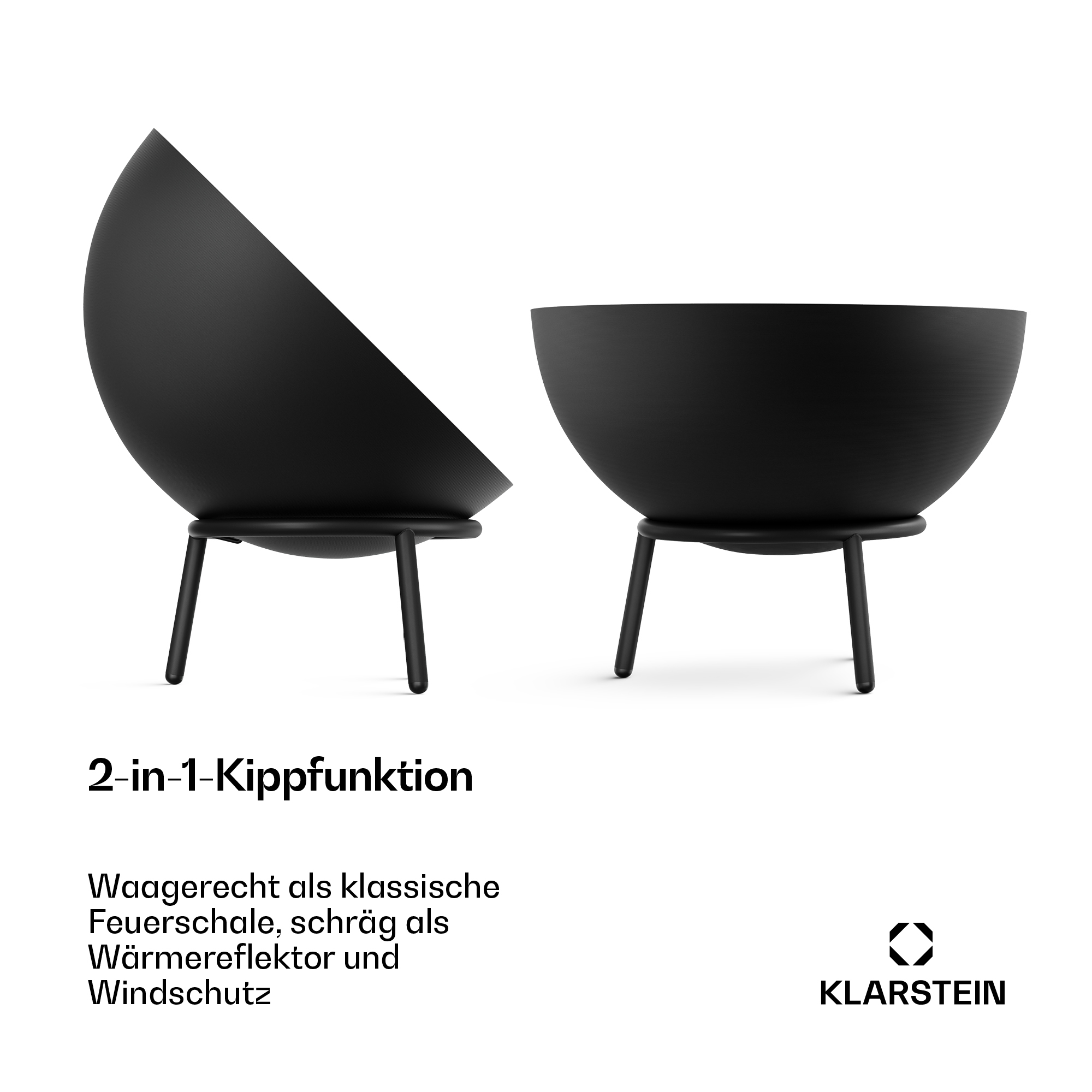 Schwarze Feuerschale auf Beinen, kippbar als Wärmereflektor.