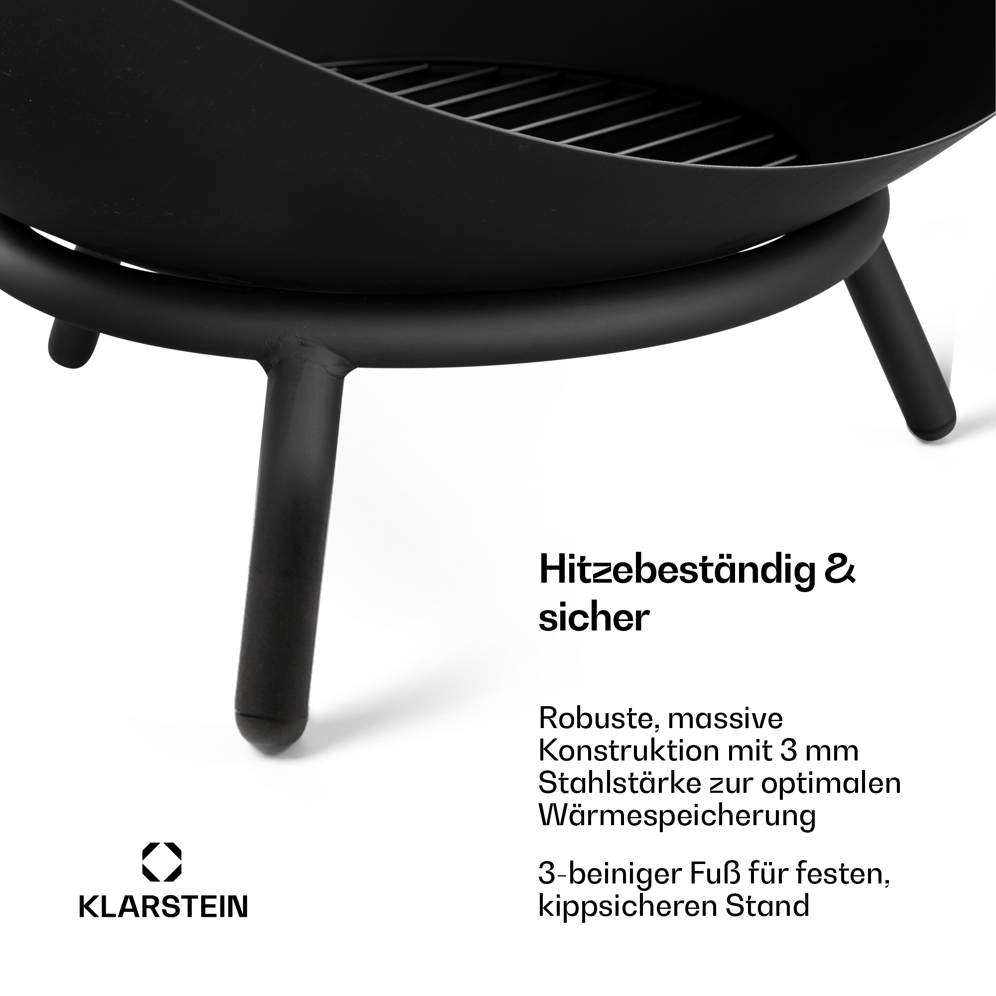 Schwarzer Metall-Feuerkorb mit drei Beinen und dem Klarstein-Logo.