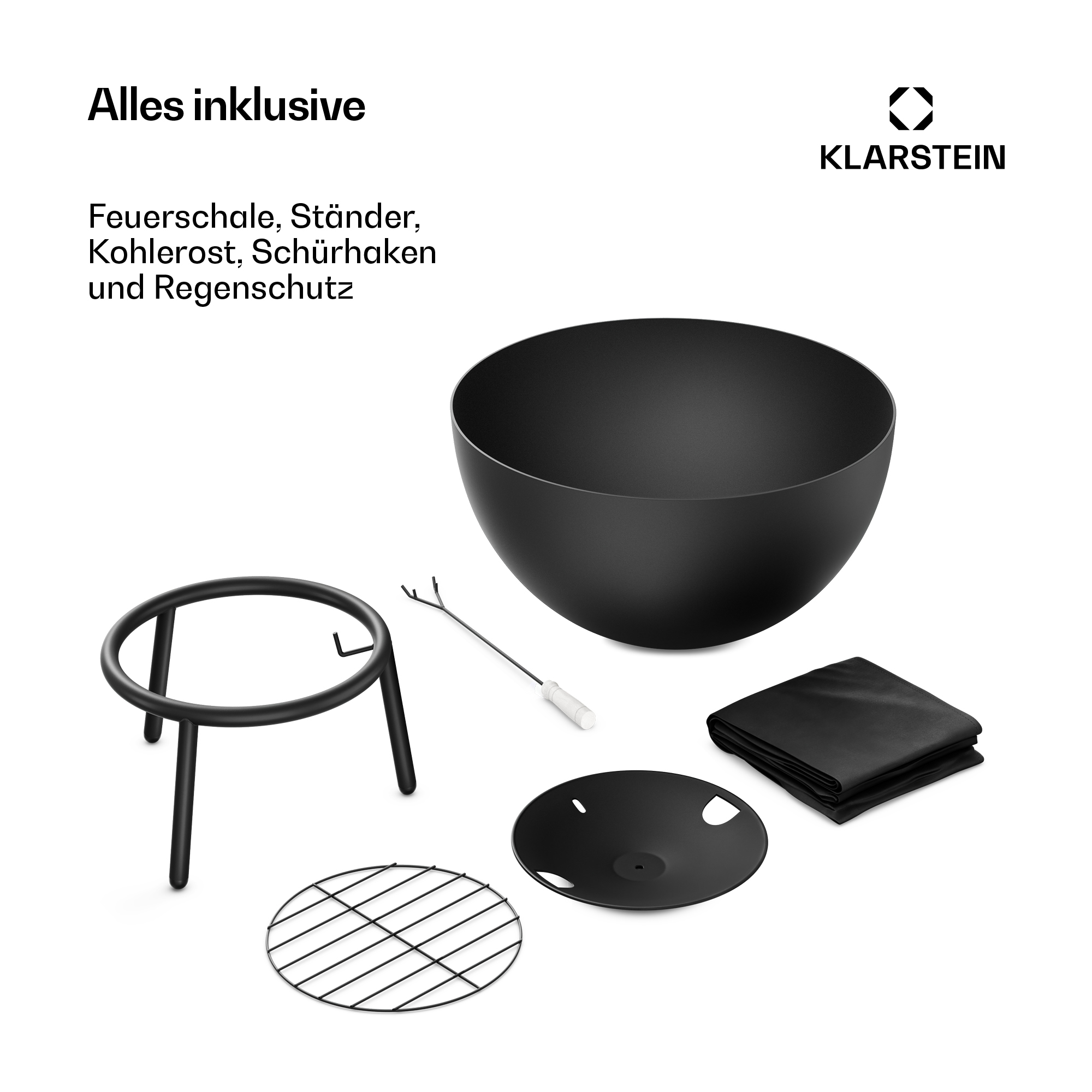 Schwarze Feuerschale mit Ständer, Kohlengrill, Schürhaken und Abdeckung.