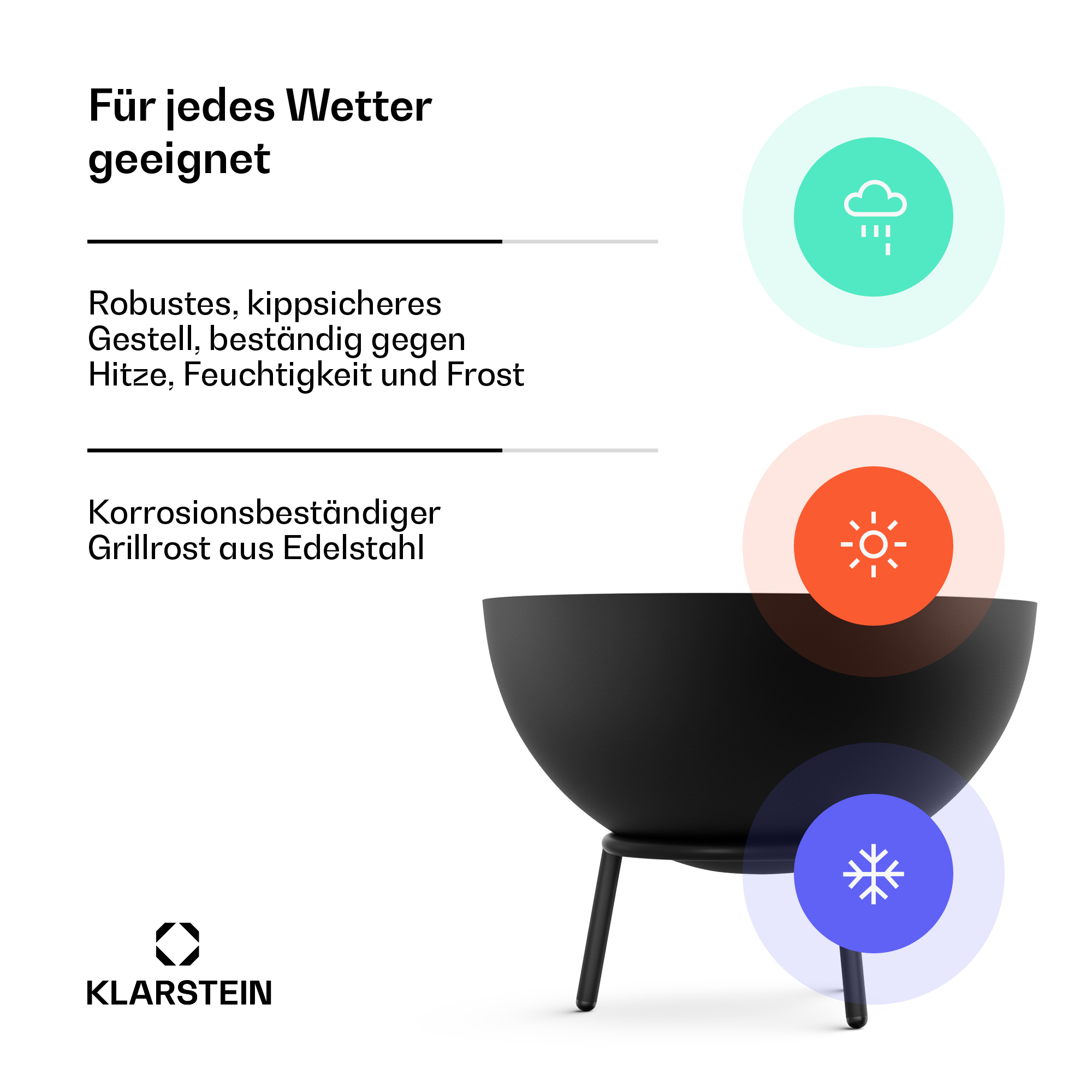 Schwarzer Grill mit drei Symbolen: Regen, Sonne, Schneeflocke.