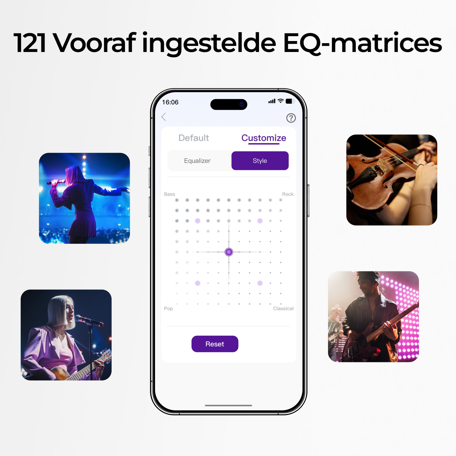 Een smartphone toont EQ-instellingen met afbeeldingen van muzikanten.