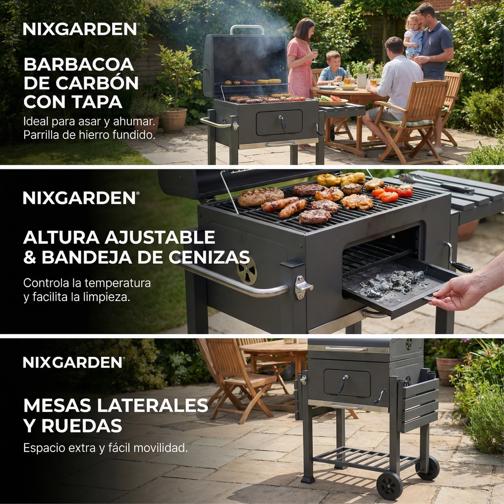 Una barbacoa Nixgarden de carbón con tapa, altura regulable, cenicero y ruedas.