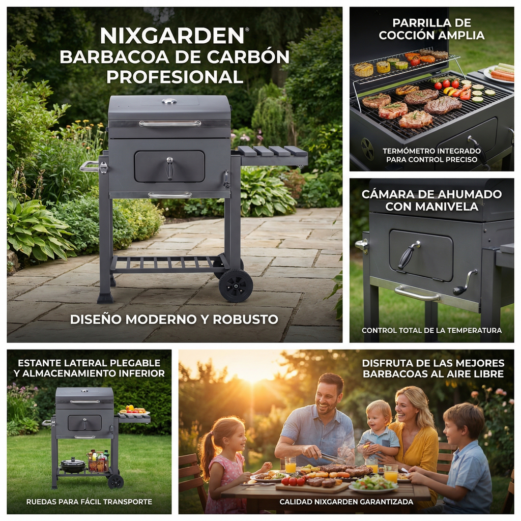 Una parrilla de carbón NIXGARDEN con accesorios y una familia asando al aire libre.