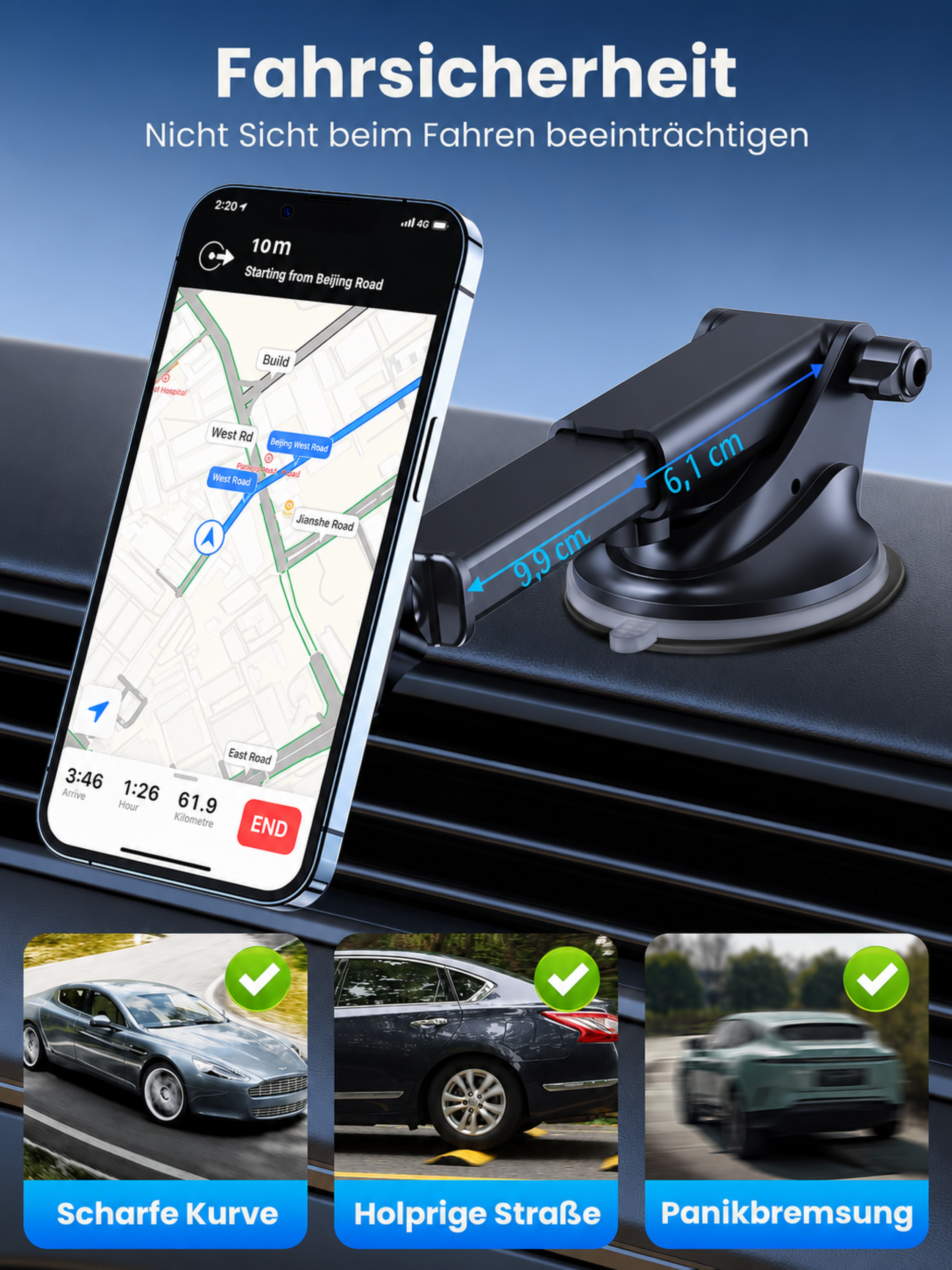 Ein Smartphone mit Navigations-App und Handyhalterung im Auto. Unten sind drei Autoszenen abgebildet.