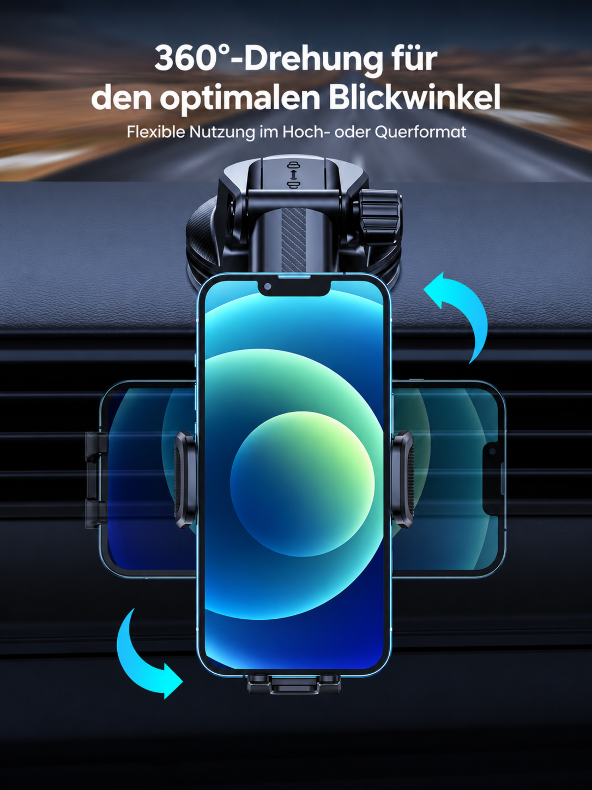 Handyhalterung im Auto mit drehbarem Kopf und Smartphones.