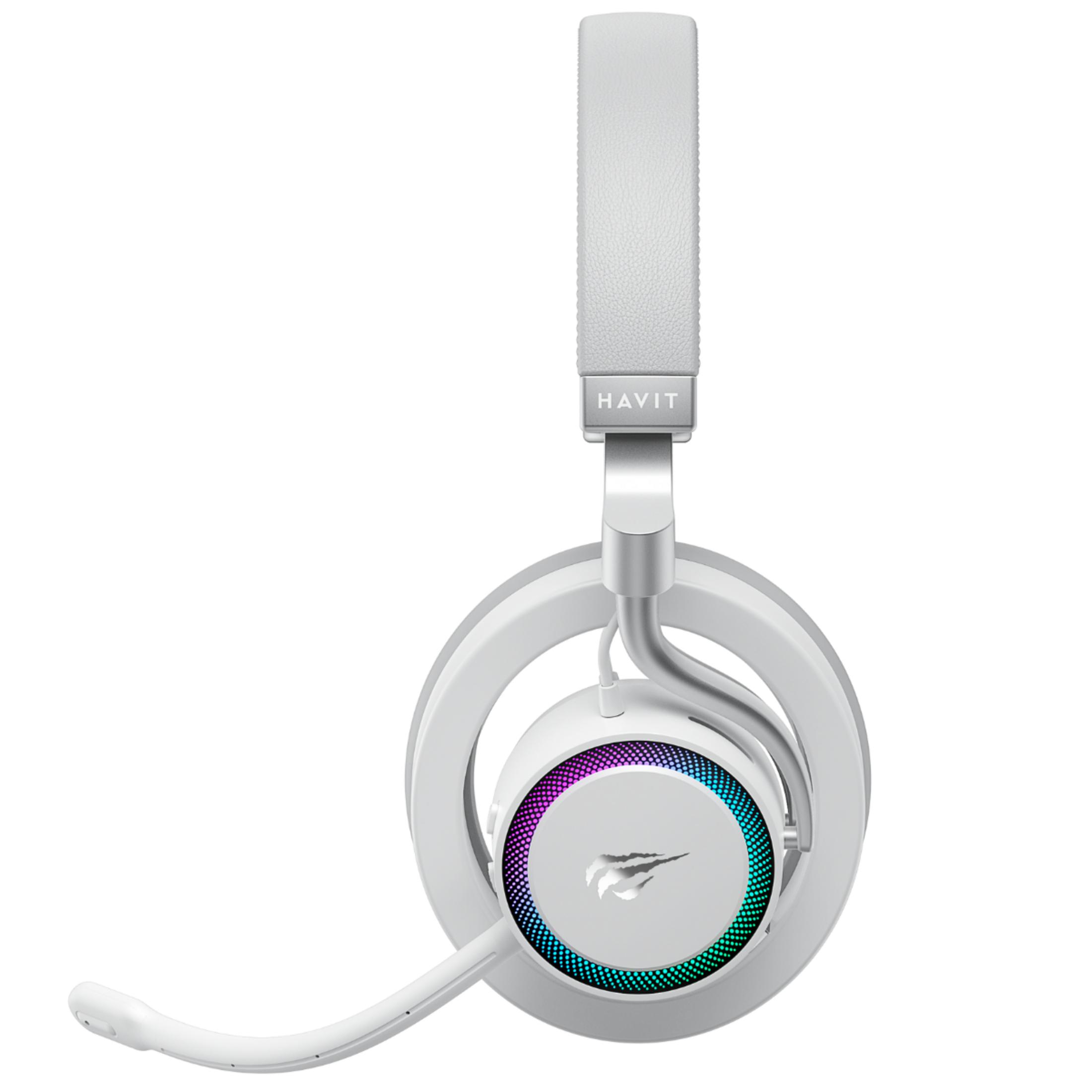 Un auricolare bianco con microfono e illuminazione LED colorata sull'orecchio.