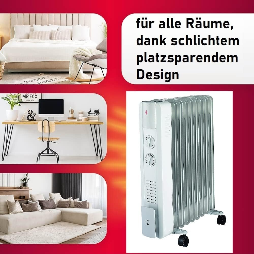 Ein weißer Ölradiator mit Rollen steht neben Wohnbildern.