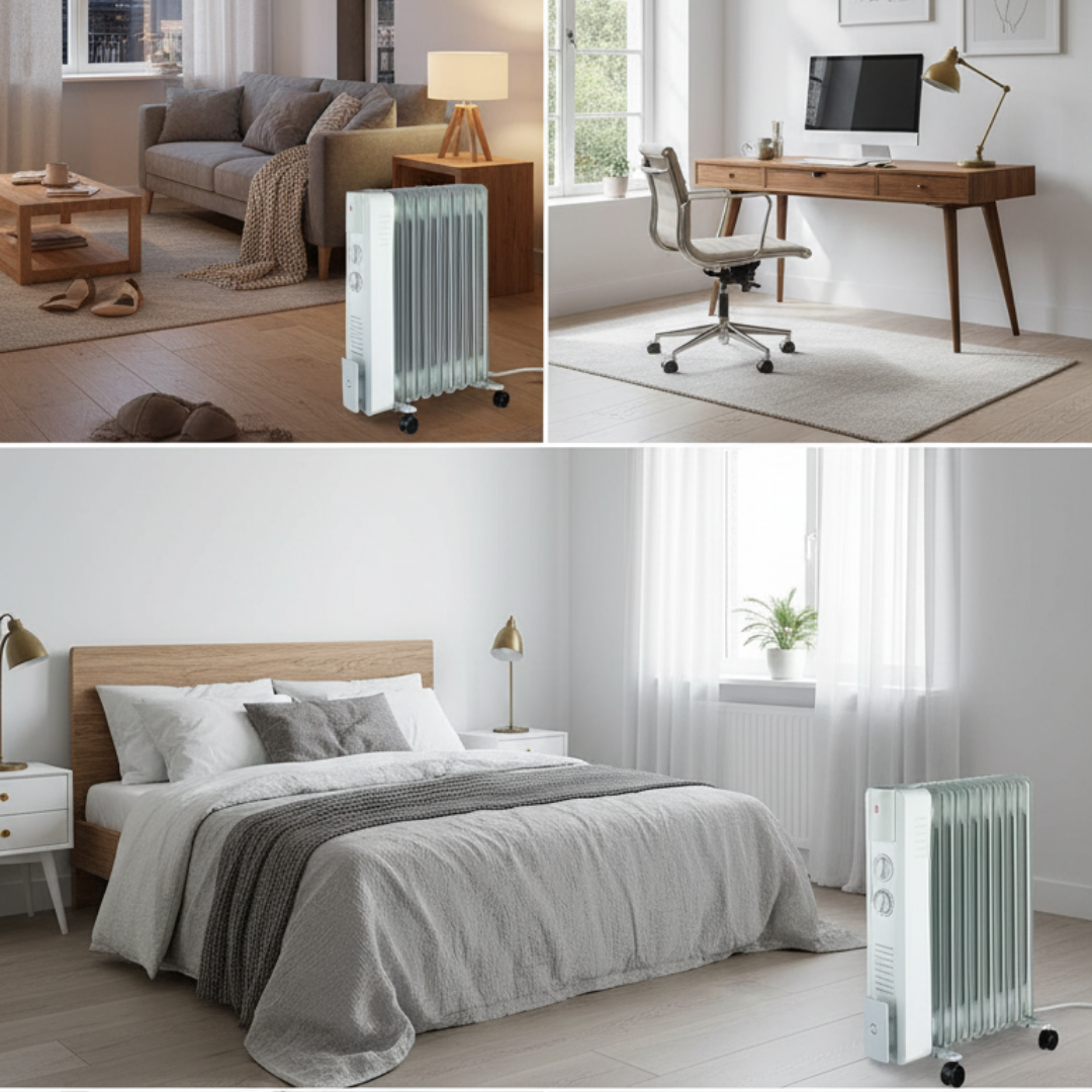 Drei Räume mit Heizkörpern: Wohnzimmer, Büro und Schlafzimmer.