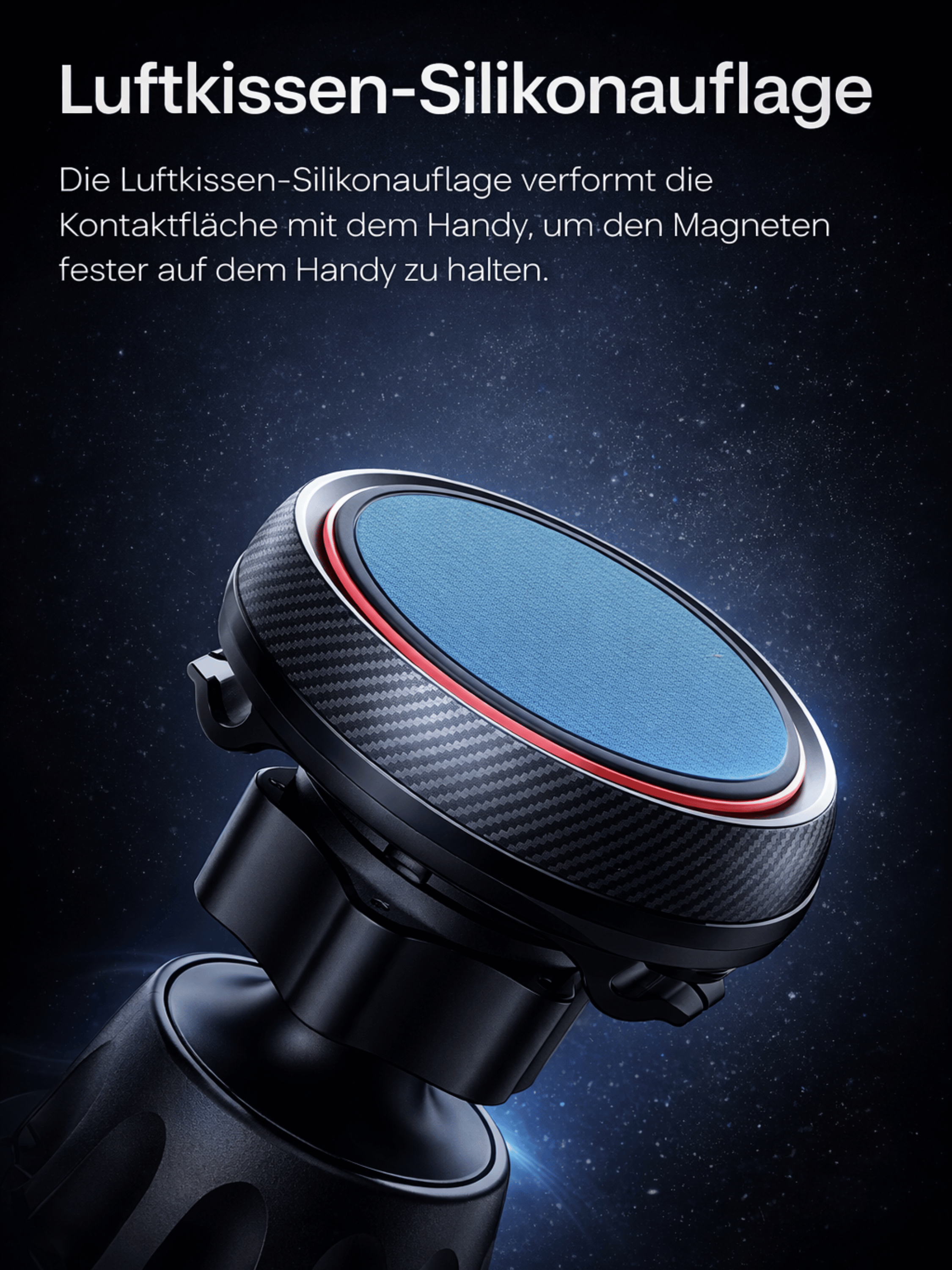 Ein schwarzer Handyhalter mit blauer Auflage und Carbon-Detail.