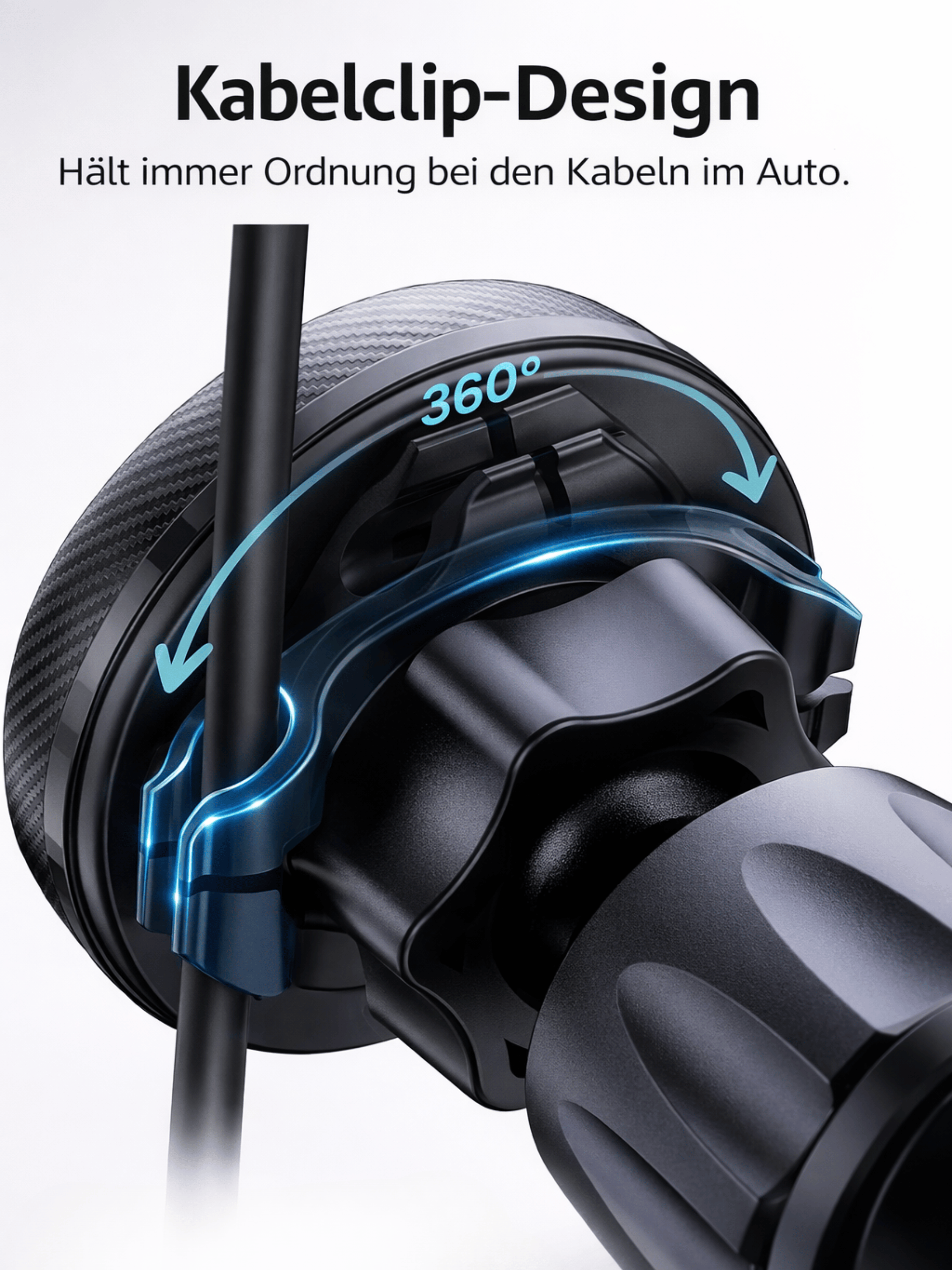 Schwarzer Kabelclip mit 360 Grad Drehung und Pfeil. Hält Kabel im Auto.