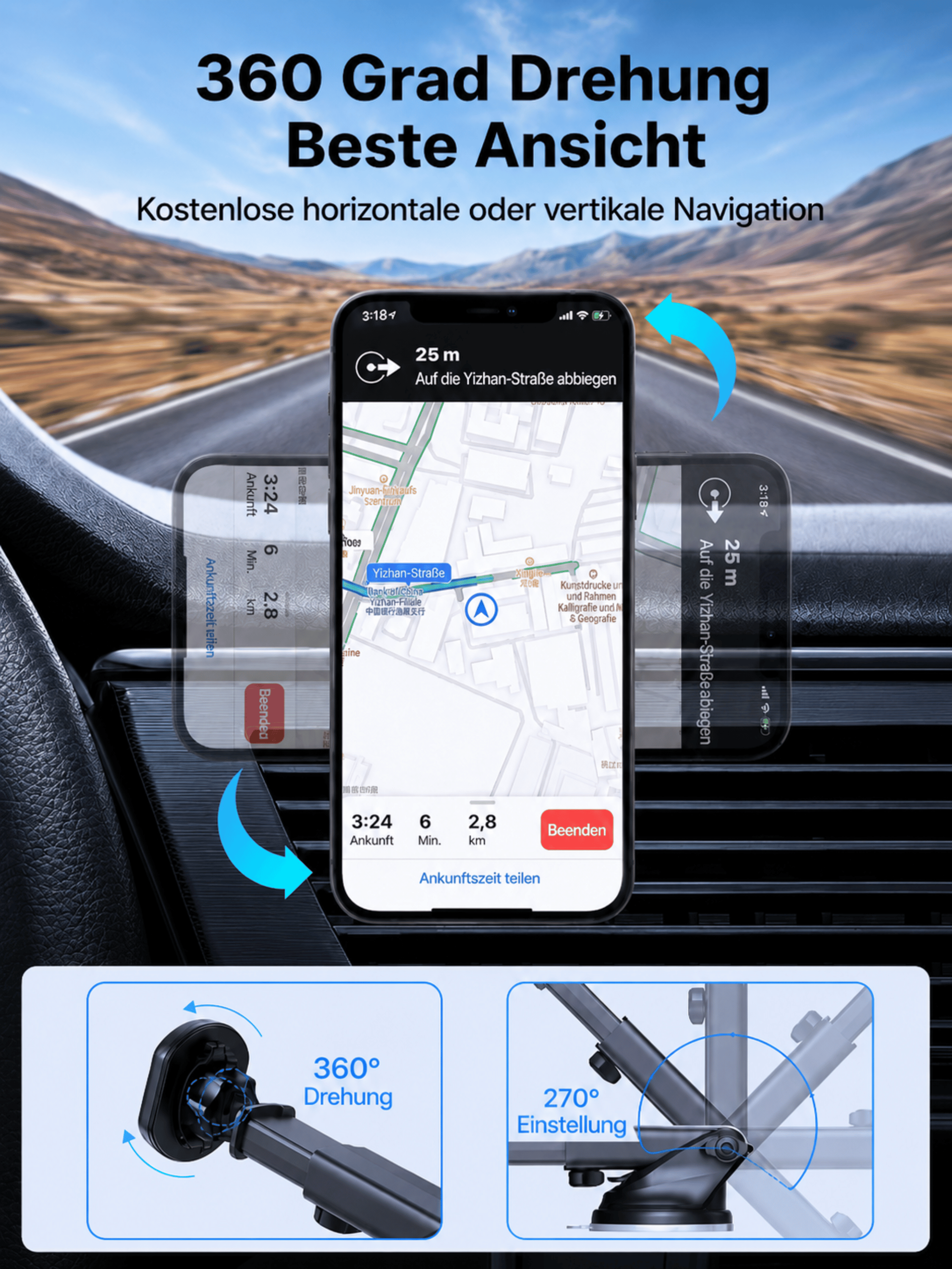 Telefon navigiert mit Karte, 360° Halterung wird gezeigt.