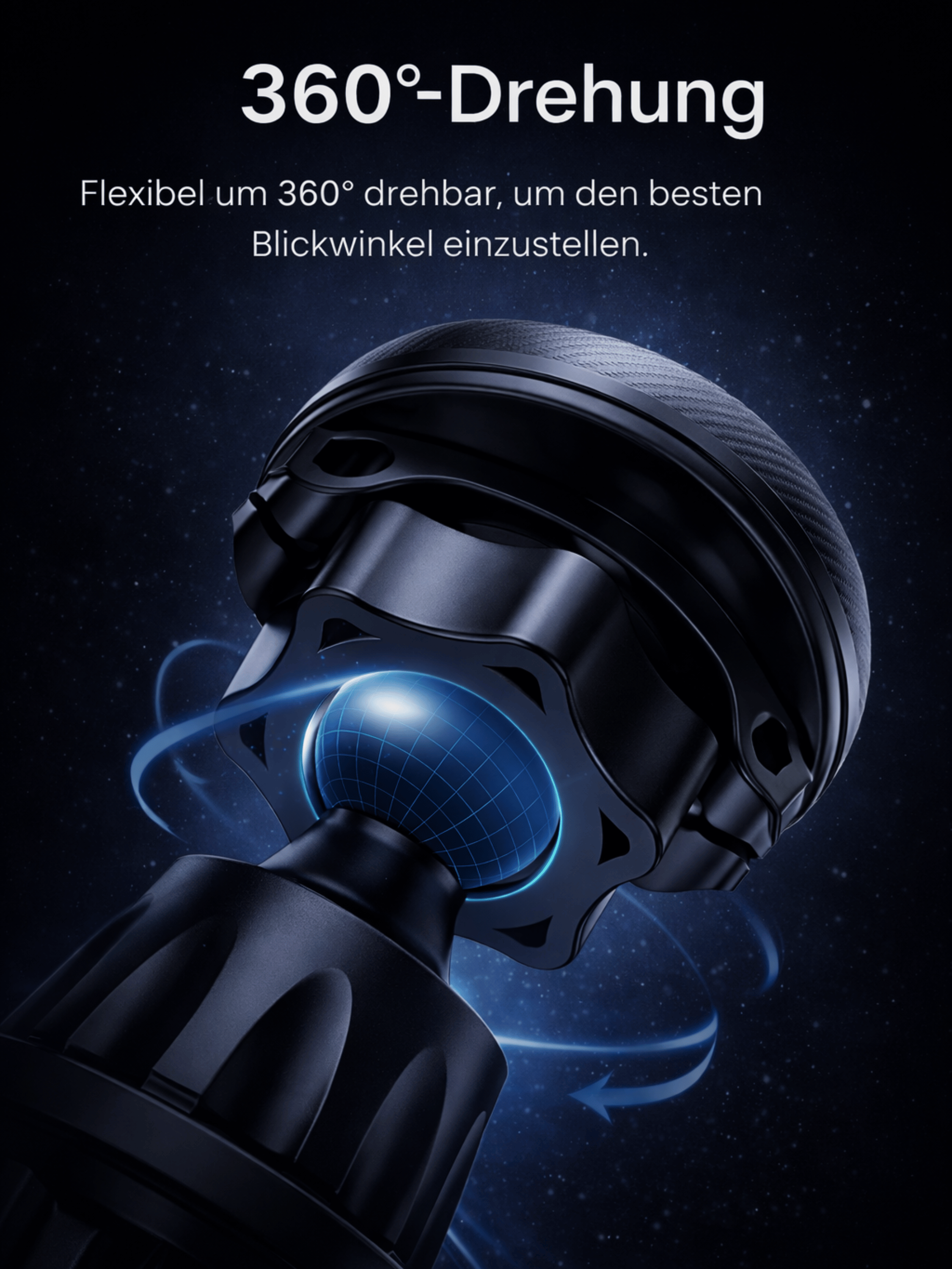 Ein schwarzer Handyhalter-Kopf mit 360°-Drehung und blauer Leuchtanzeige.