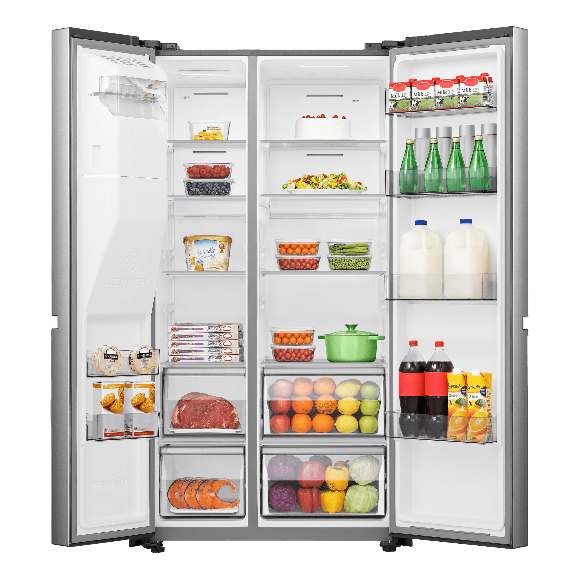 Refrigerador abierto lleno de comida: frutas, verduras, leche y carne.