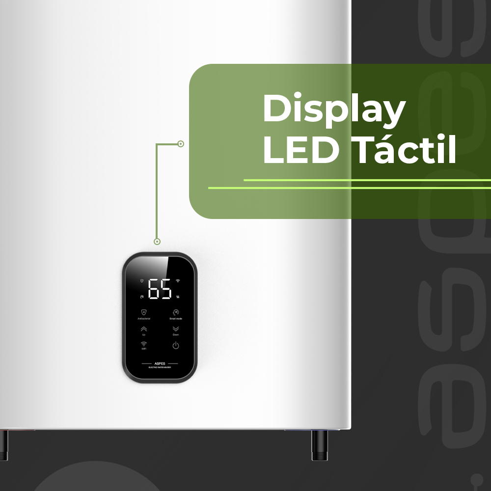 Un electrodoméstico blanco tiene una pantalla táctil LED negra que muestra 65 grados. Texto: Display LED Táctil.