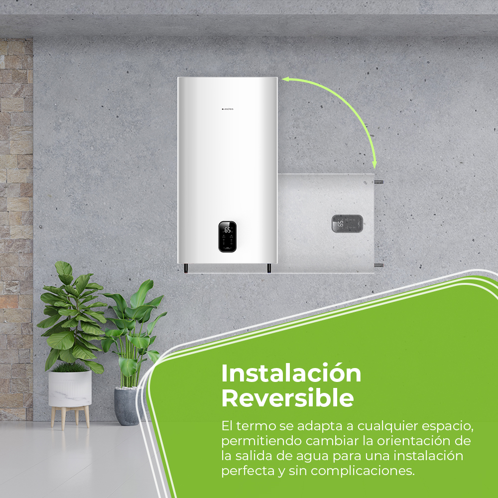 Un calentador de agua blanco con pantalla digital, al lado de una unidad más pequeña.