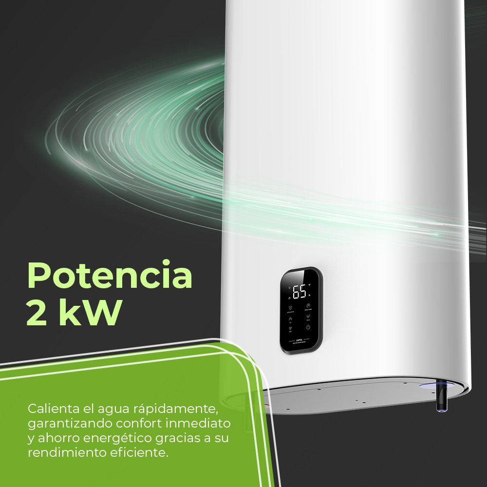 Un calentador blanco con pantalla digital muestra 65 grados. Efectos de energía verde.