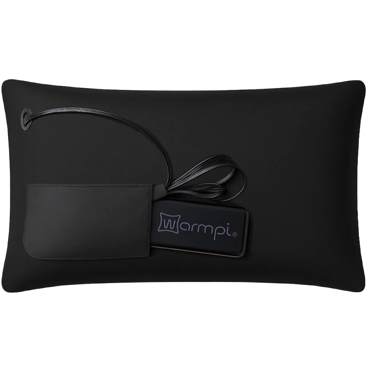Schwarzes Kissen mit integrierter Powerbank und Tasche.