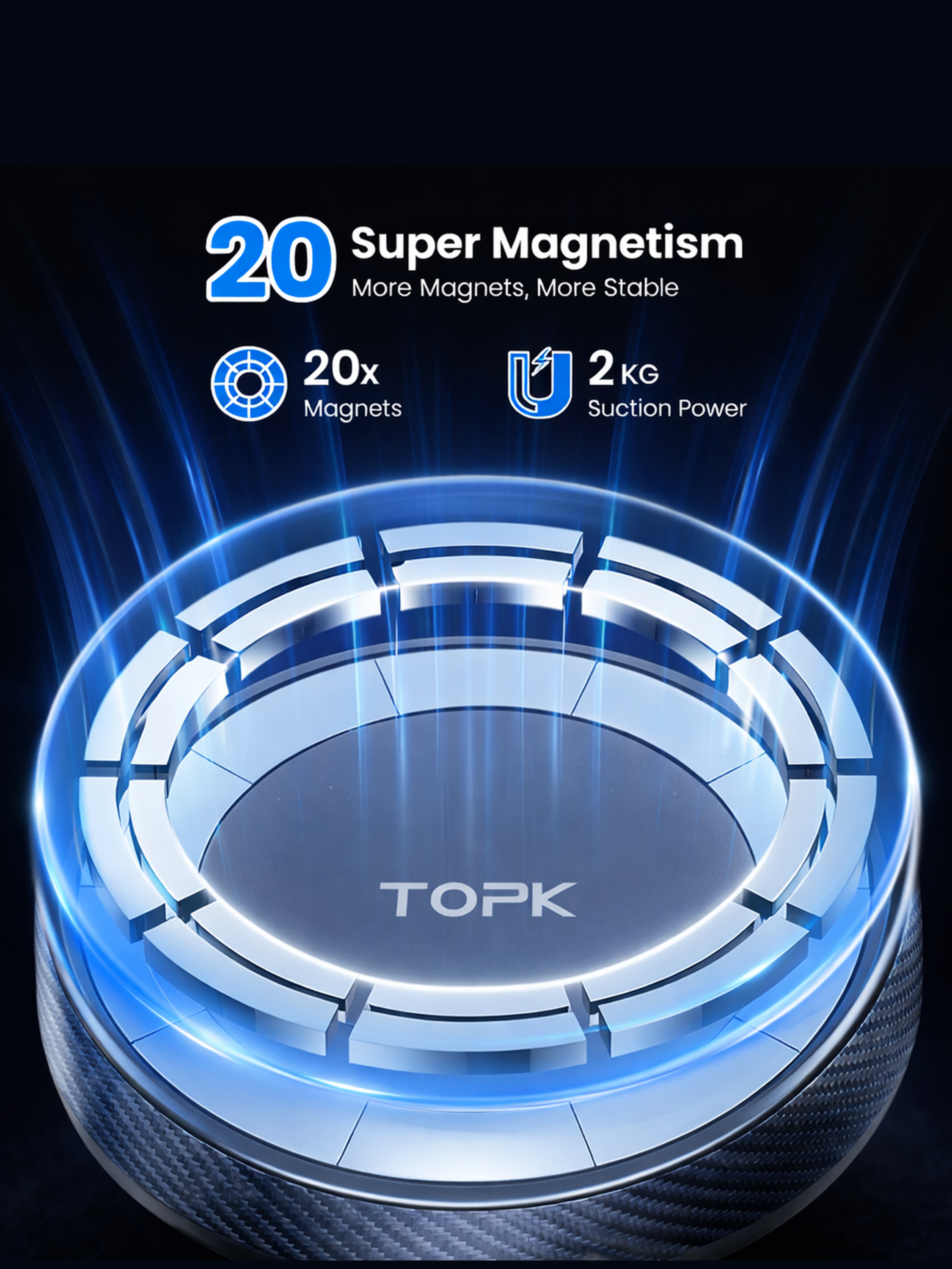 TOPK-Logo mit Kreis und Strahlen, 20x Magnete, 2 kg Saugleistung.