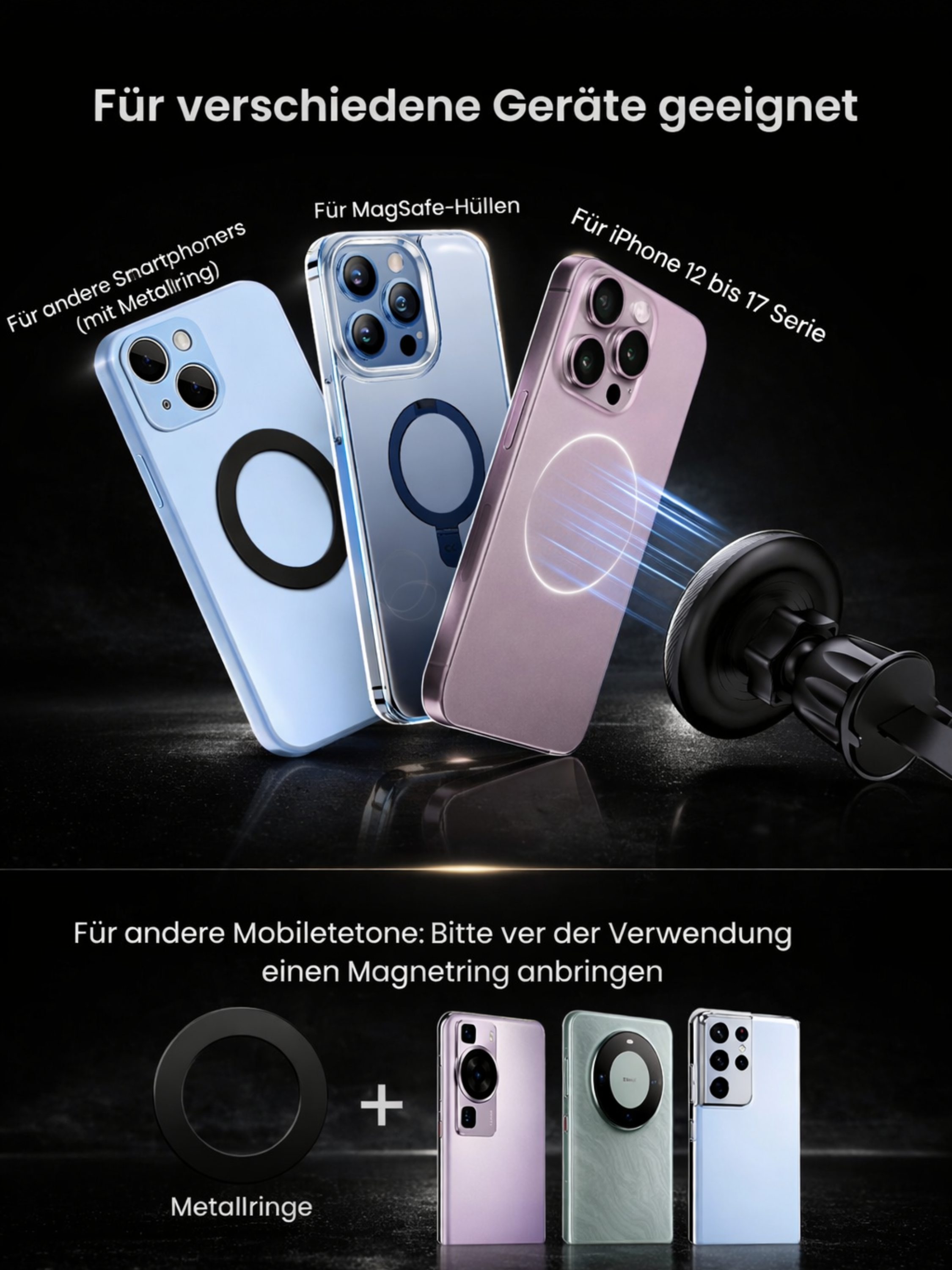 Drei Smartphones mit MagSafe-Hüllen und ein Metallring-Zubehör.