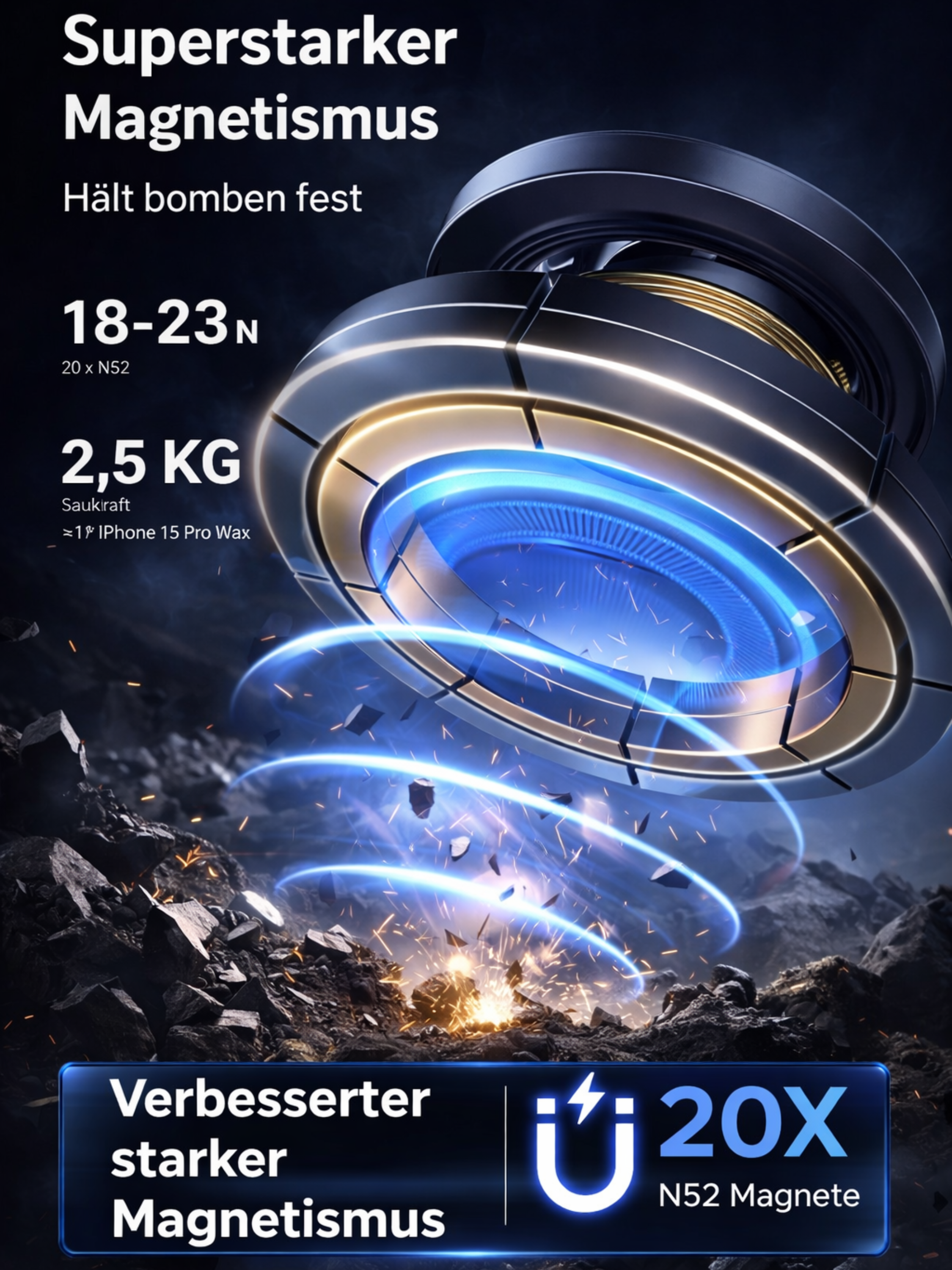 Ein starker Magnetismus wirbt mit 18-23N Kraft und 2,5kg Tragkraft.