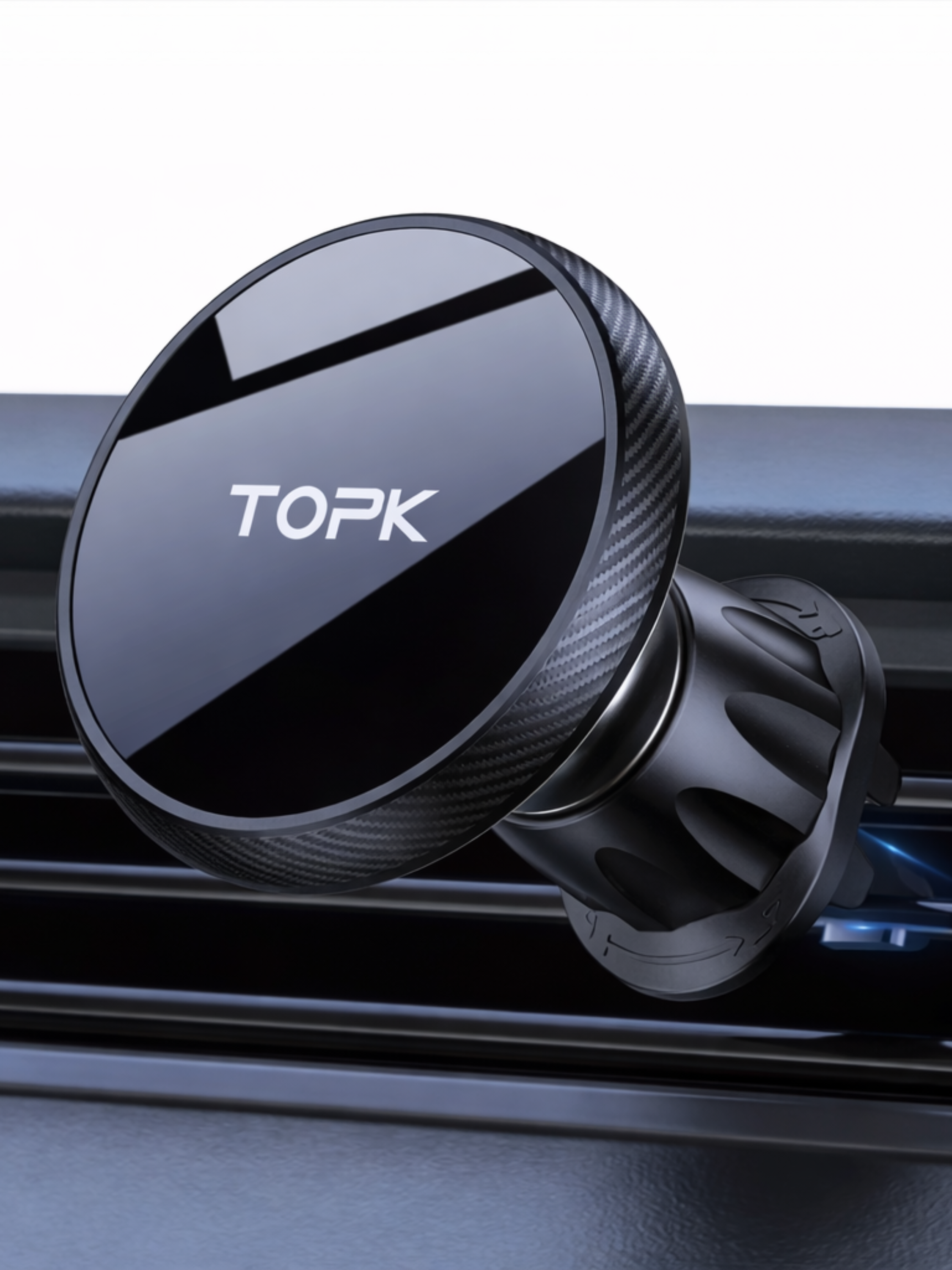Schwarzer Magnet-Handyhalter mit "TOPK"-Logo, an einem Auto-Luftschlitz befestigt.