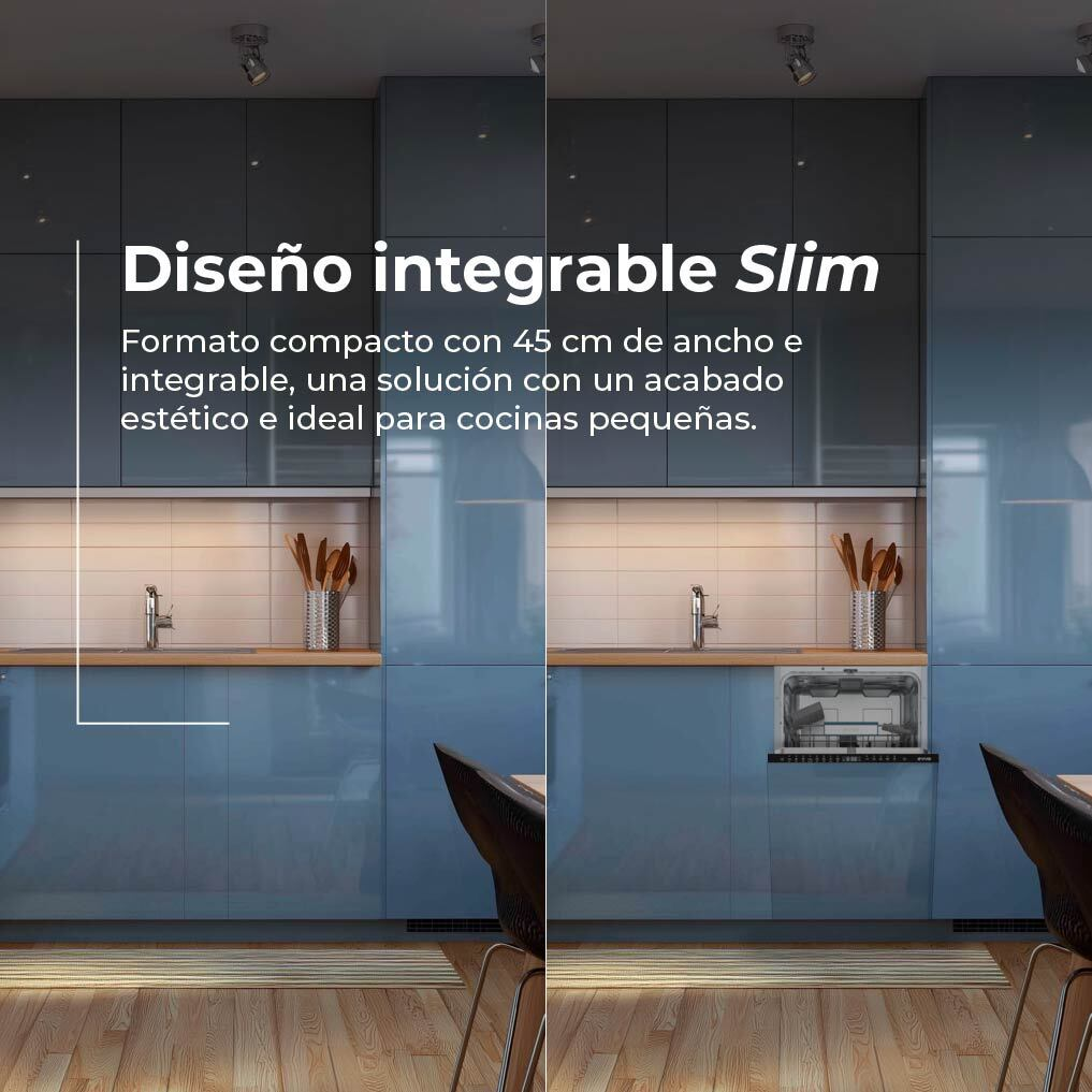Diseño integrable Slim. Compacto, 45cm ancho, estético, ideal para cocinas pequeñas.